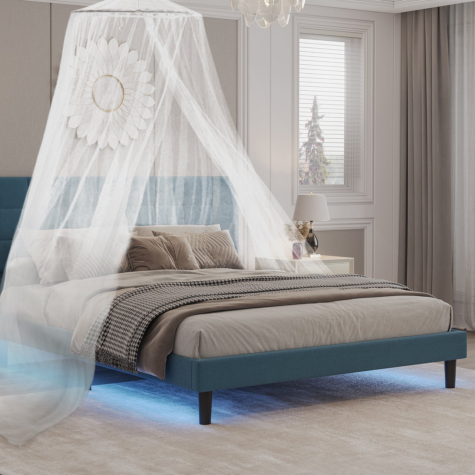 Queen Size Upholstered Platform Bed Linen Bed Frame with Lights Square Stitched Adjustable Headboard Strong Bed Slats System No Box Spring Needed Blue - Atlantic Fine Furniture Melbourne FL