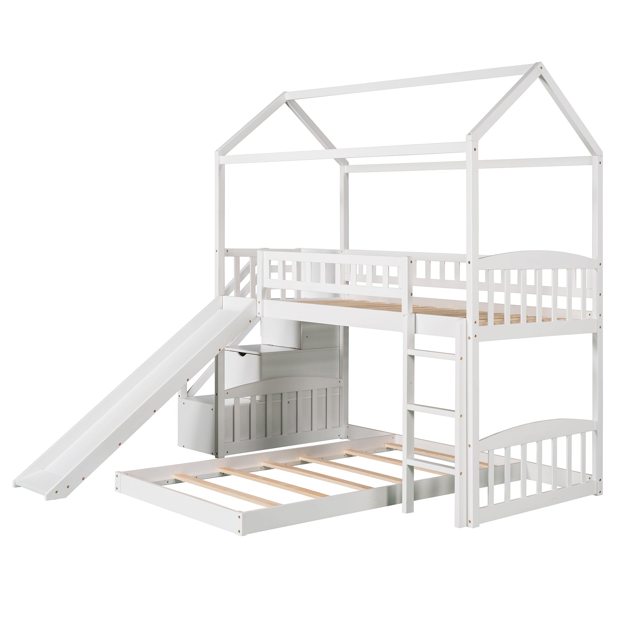 Twin Over Twin Bunk Bed with Two Drawers and Slide, House Bed with Slide, White(OLD SKU :LP000129AAK) - Atlantic Fine Furniture Melbourne FL