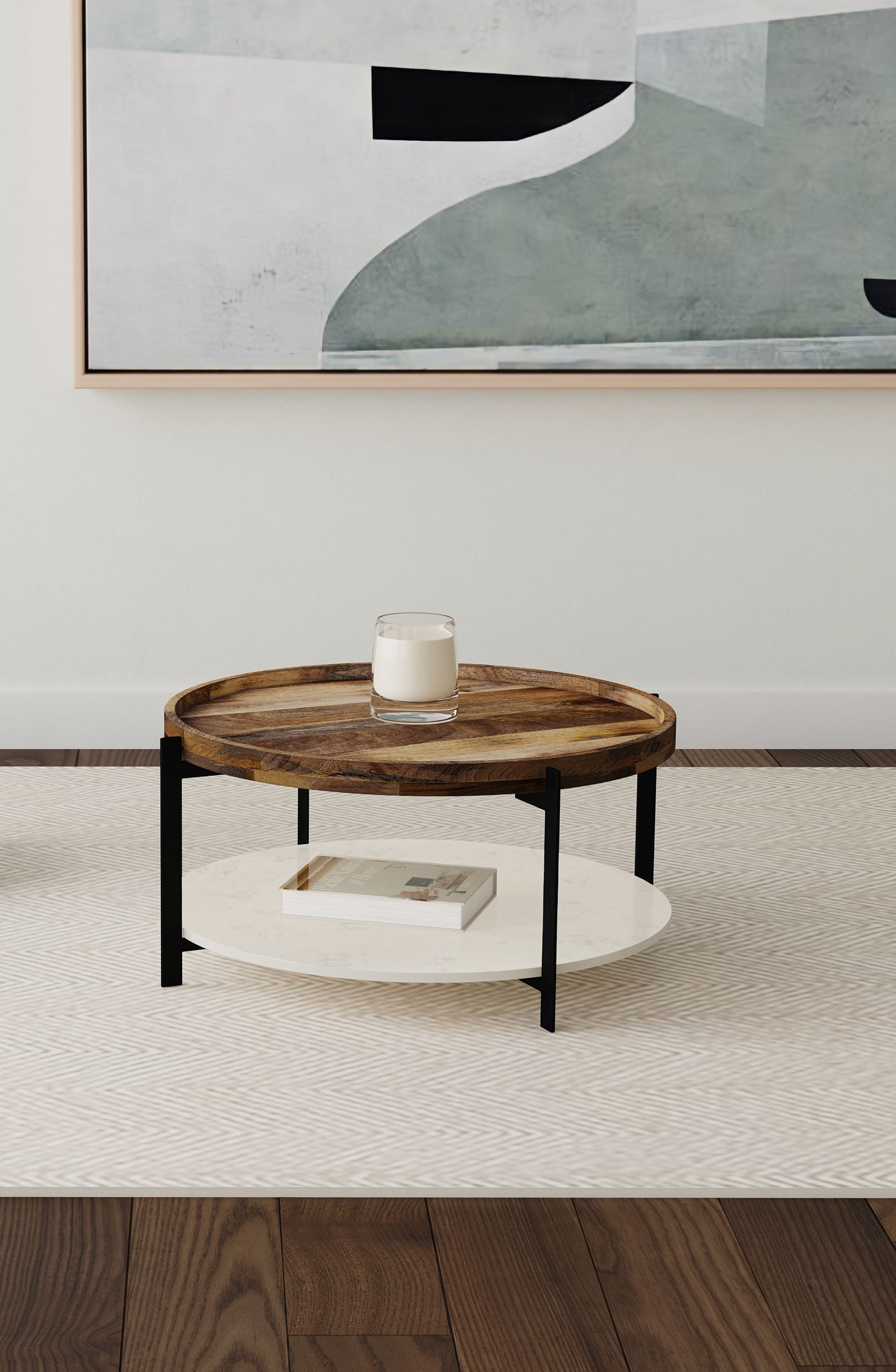 Adhvik Round Wood Top Marble Shelf Coffee Table Natural — view 2