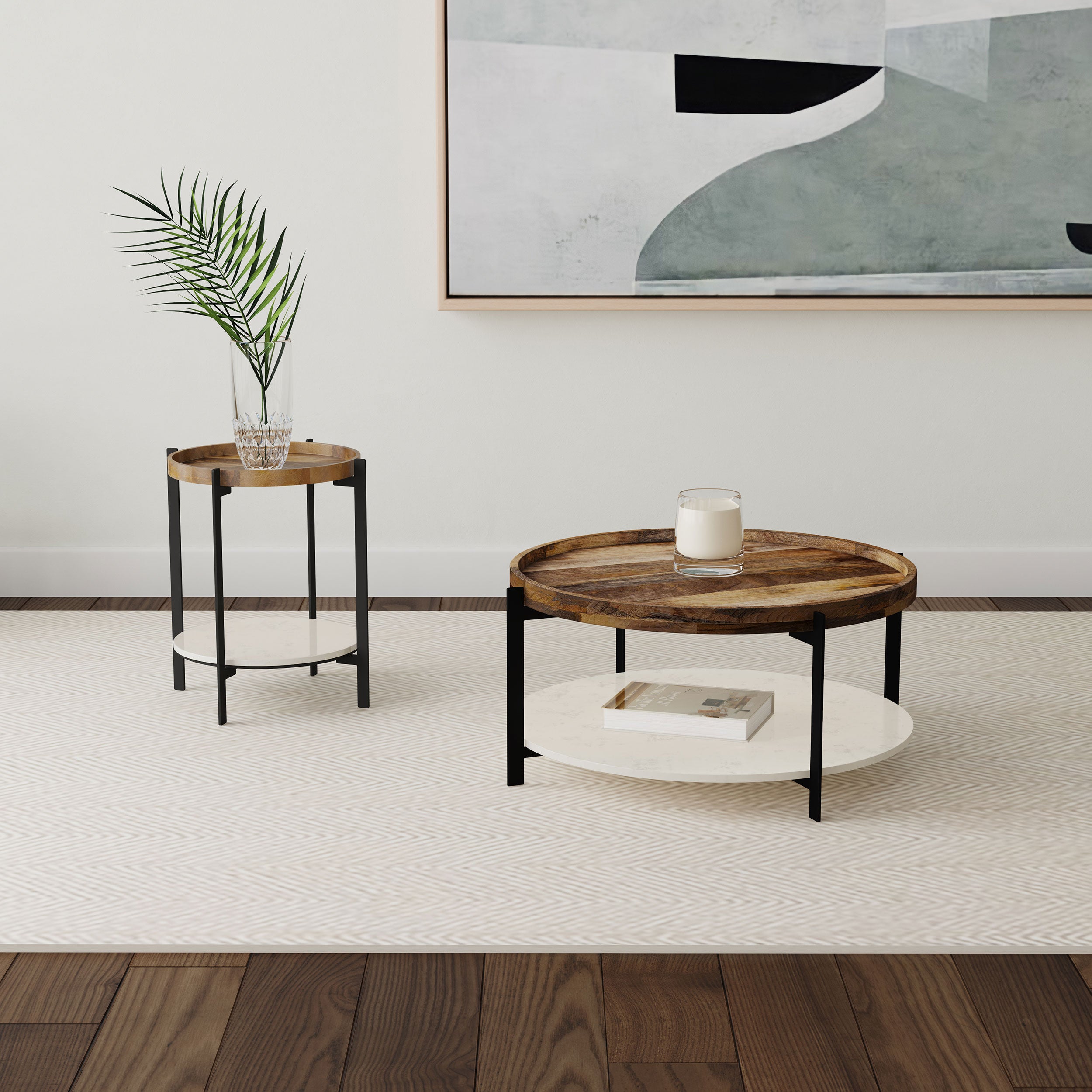 Adhvik Round Wood Top Marble Shelf Coffee Table Natural — view 6