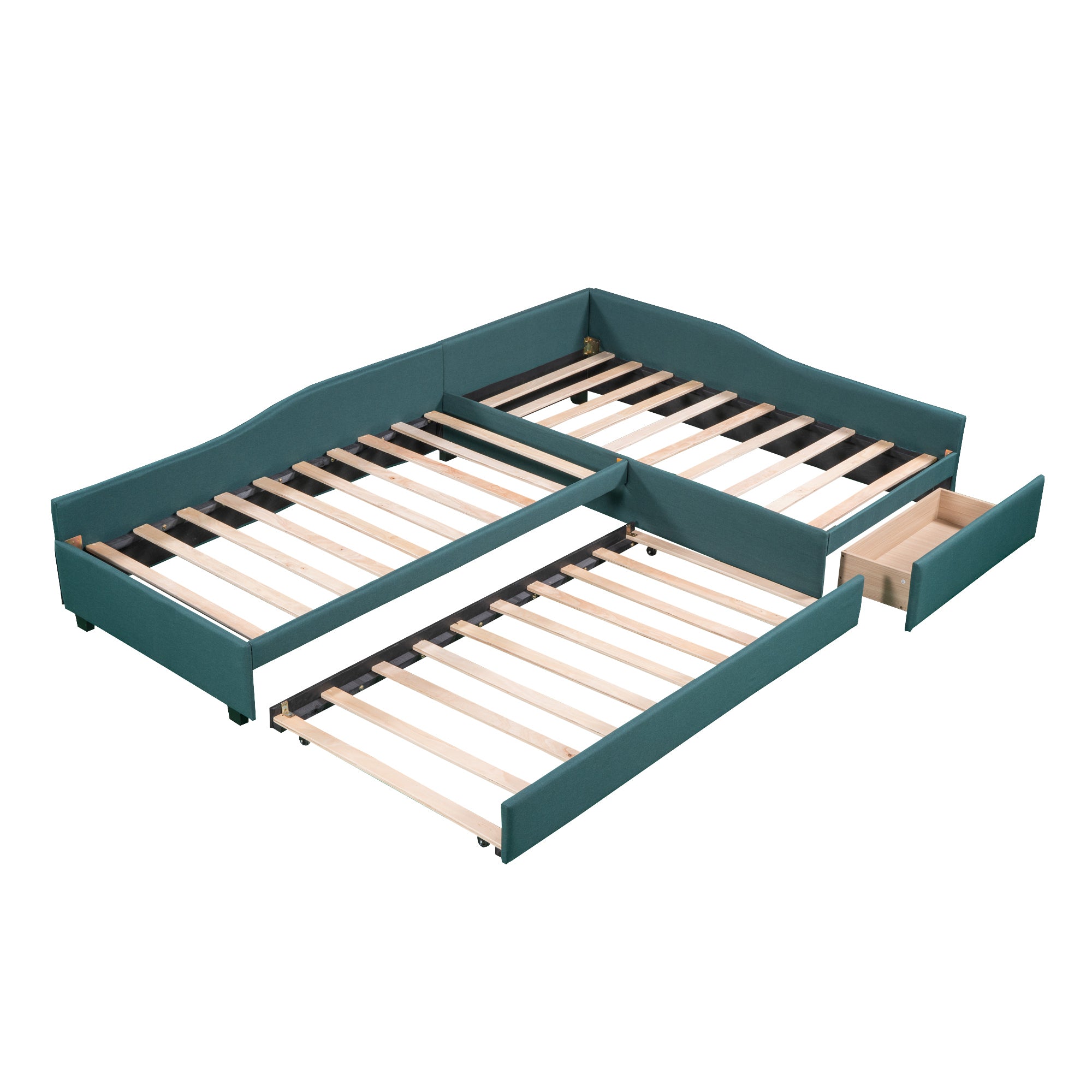 Upholstered Double Twin Size Daybed with Trundle and Drawer, Green - Atlantic Fine Furniture Melbourne FL