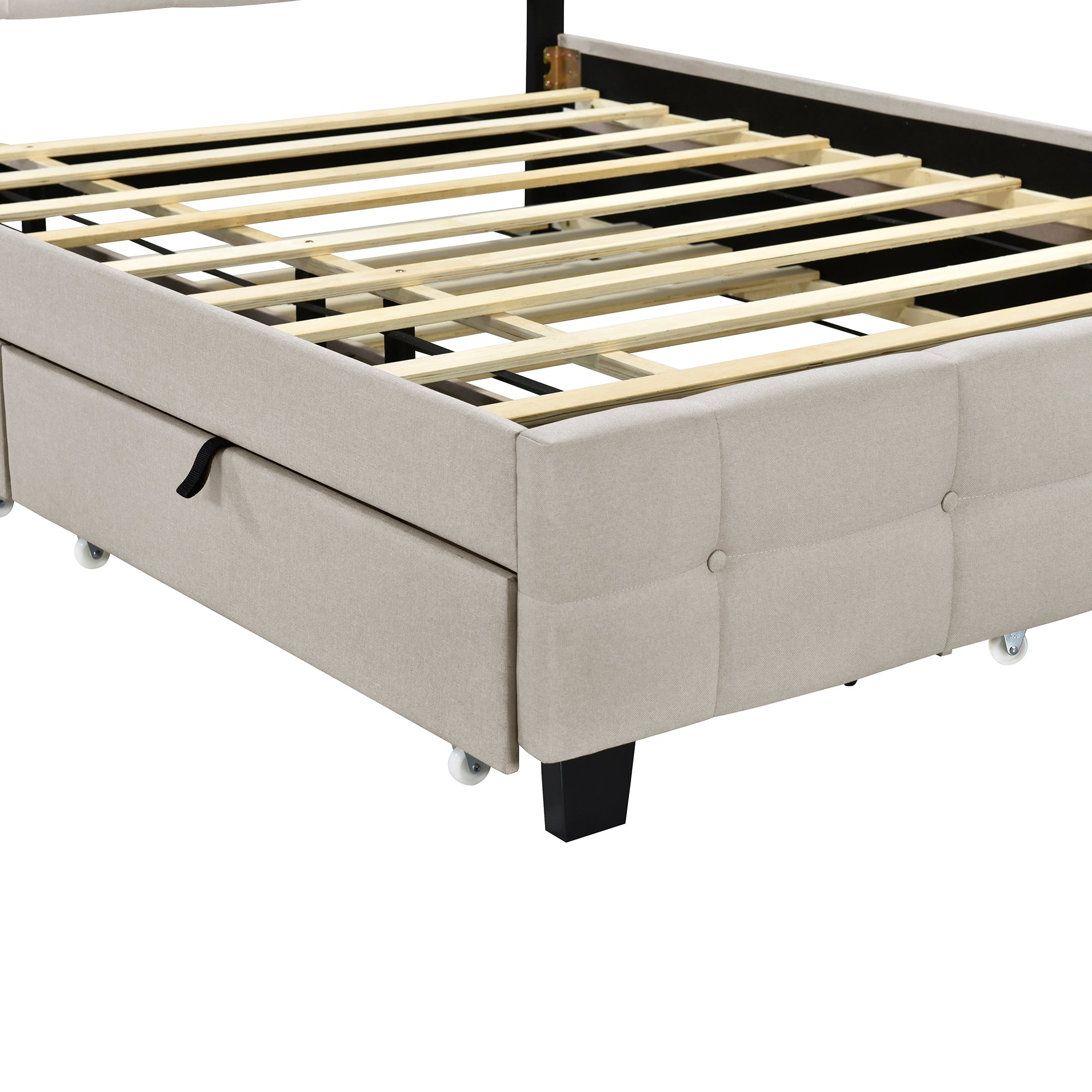 Queen Size Upholstered Platform Bed with LED Frame, with Twin XL Size Trundle and 2 drawers, Linen Fabric, Beige - Atlantic Fine Furniture Melbourne FL