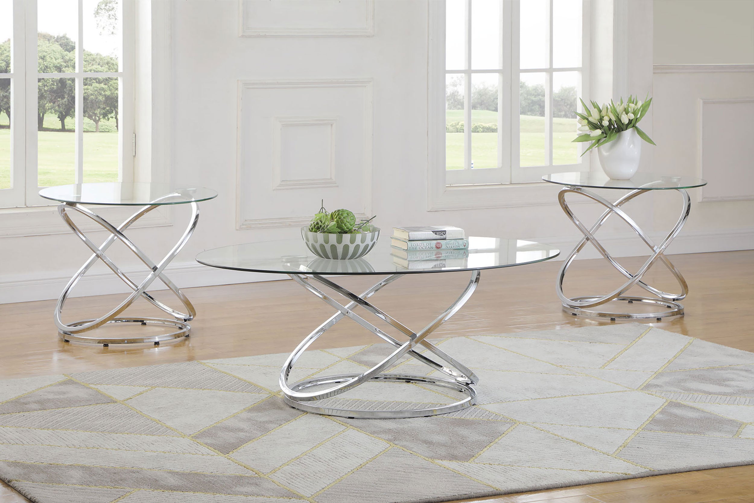 Warren 3-piece Oval Glass Top Coffee Table Set Chrome — view 1