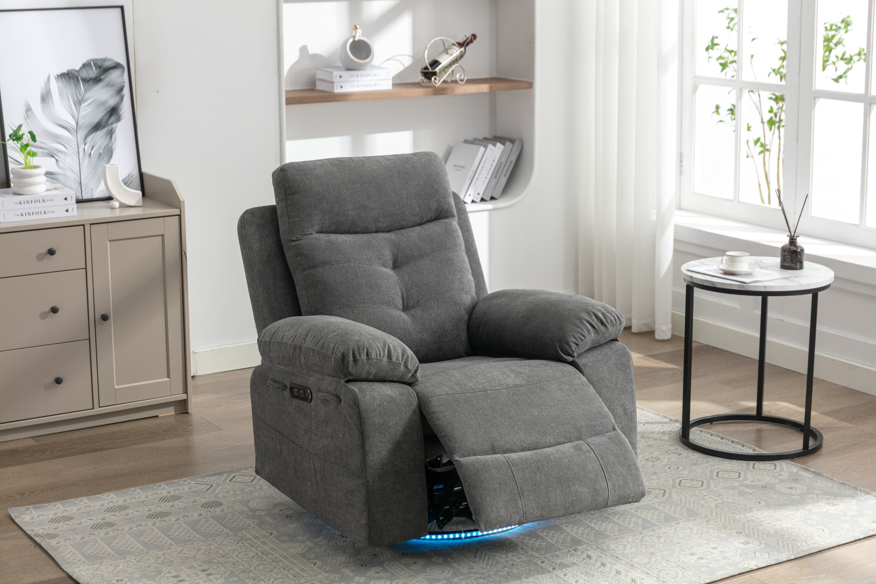 Power Recliner Glider Chair With Bluetooth Speaker 270 Degree Swivel With LED Light Side Arm With Storage Pockets USB+Type C Charging Port Button Control Retractable Footrest Adjustable Backrest DG