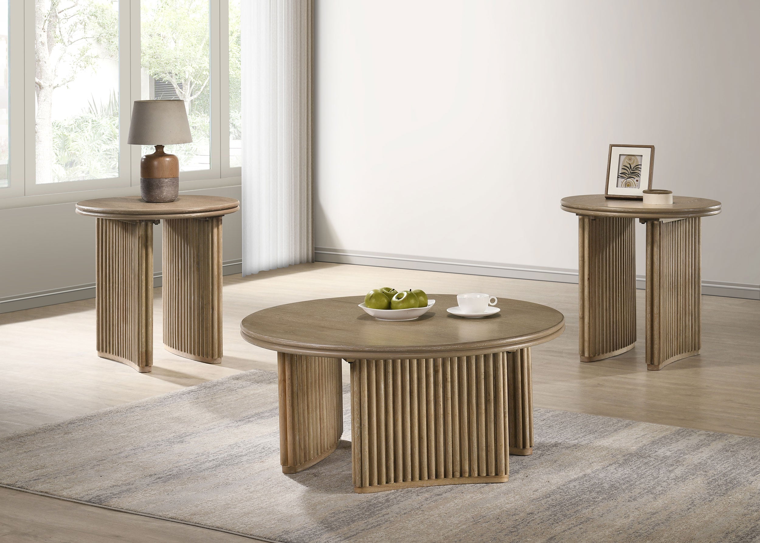 Adina 3-piece Round Coffee Table Set Distressed Light Brown — view 1