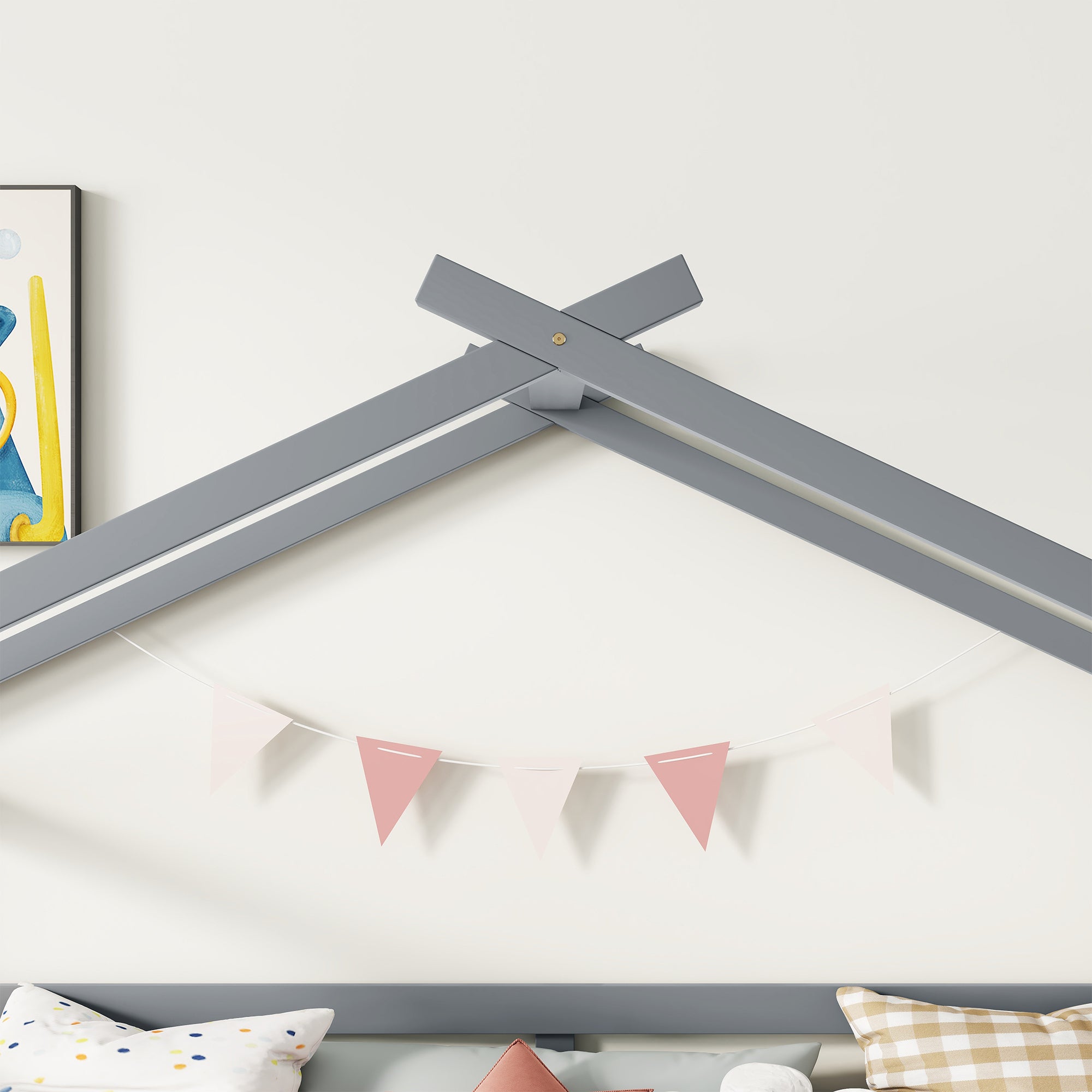 Twin Low Loft House Bed with Slide, Ladder, Safety Guardrails, House Roof Frame,Grey