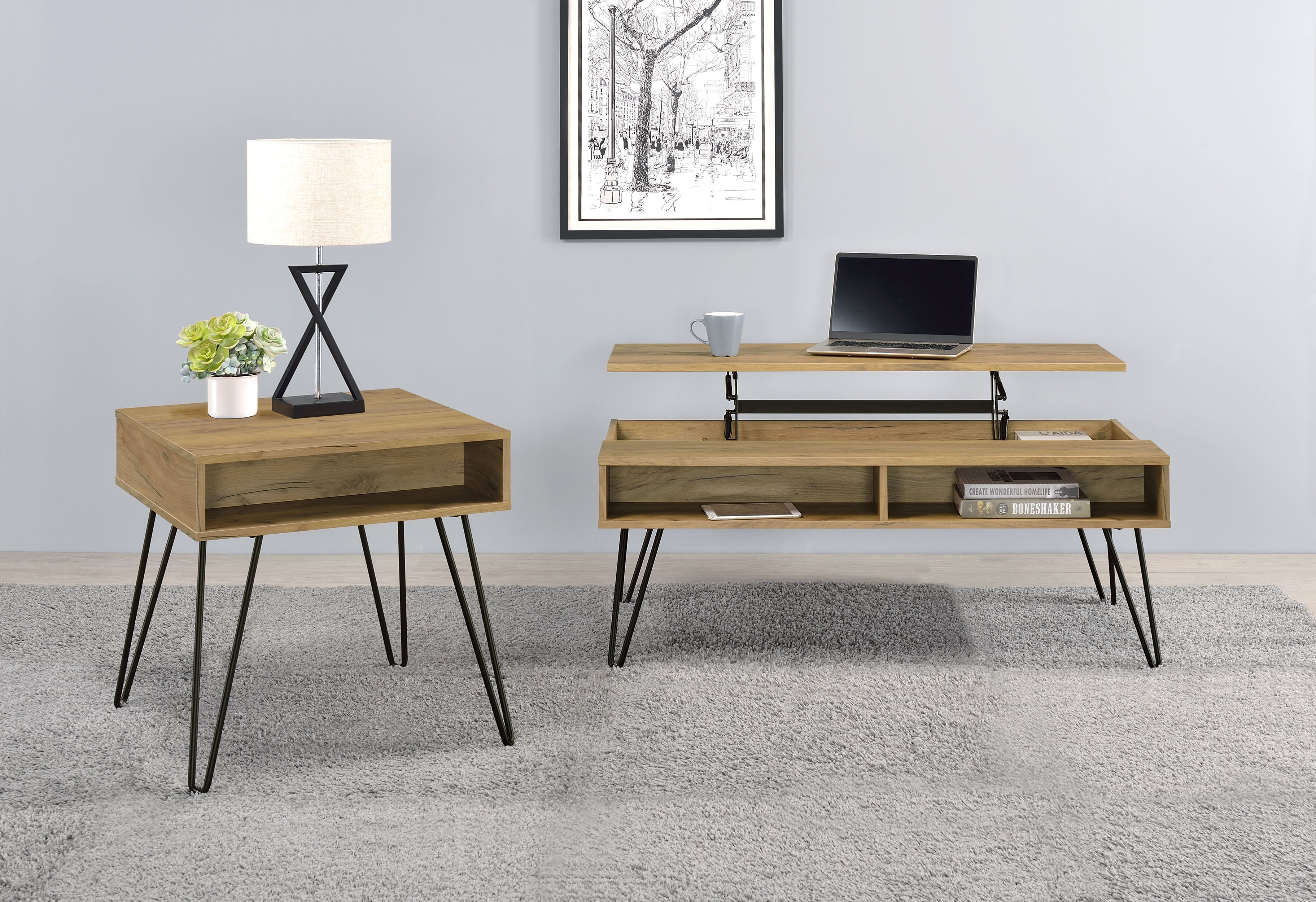 Fanning 2-piece Lift Top Coffee and End Table Set Golden Oak — view 1