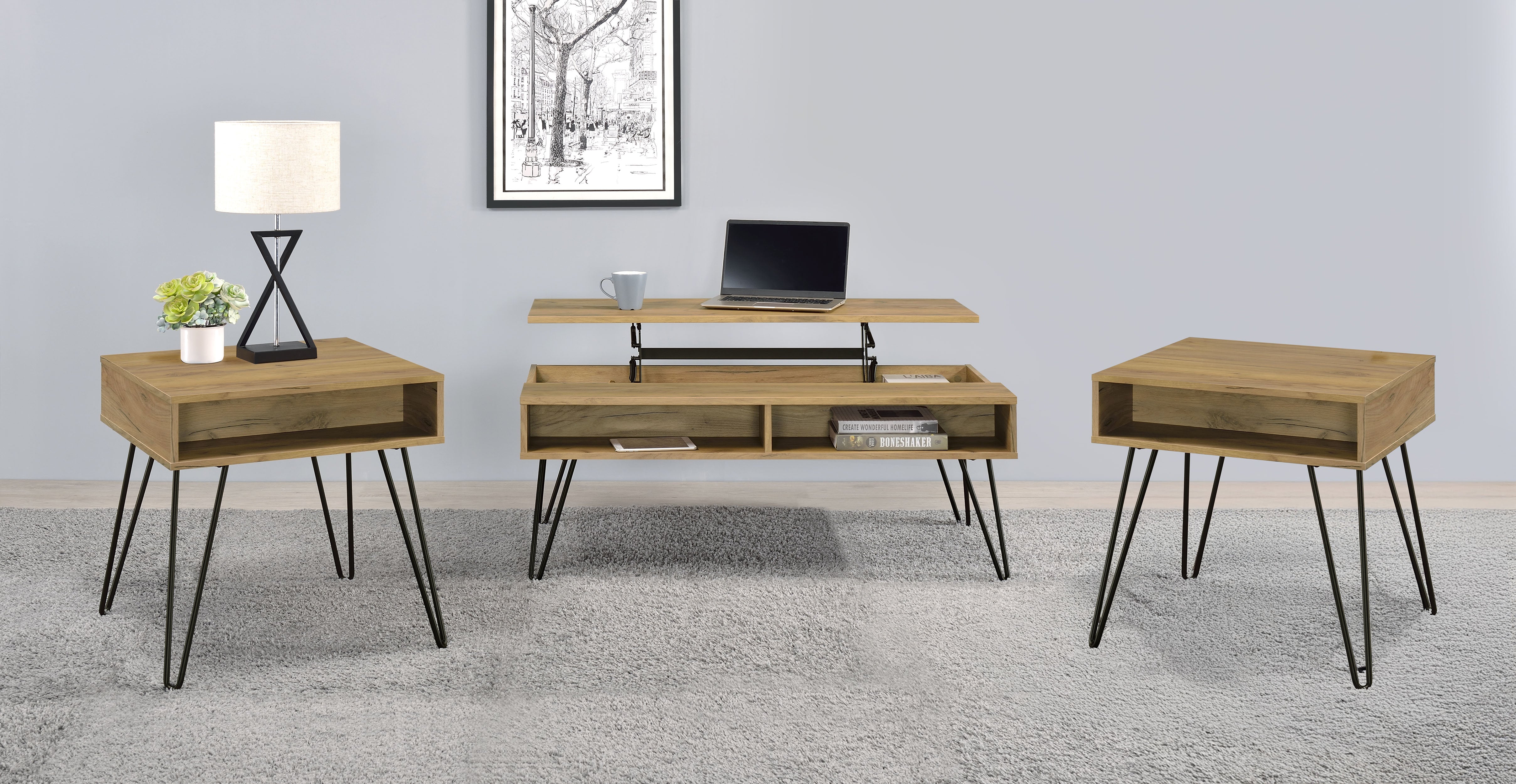 Fanning 3-piece Lift Top Coffee and End Table Set Golden Oak — view 1