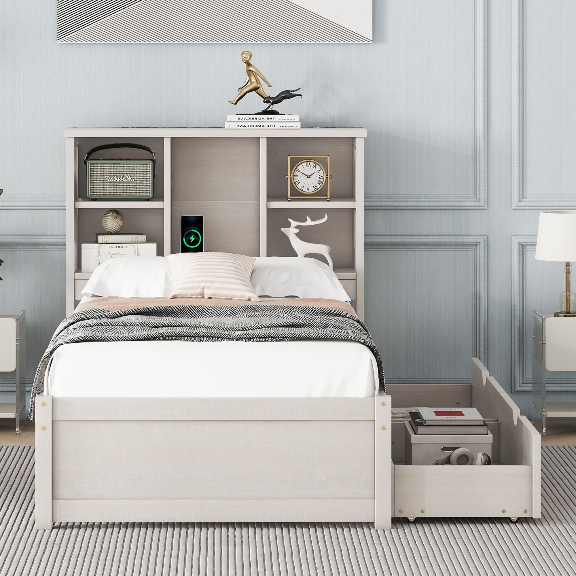 Modern Twin Size Bed Frame With Built-in USB Port on Bookcase Headboard and 2 Drawers for White Washed Color - Atlantic Fine Furniture Melbourne FL