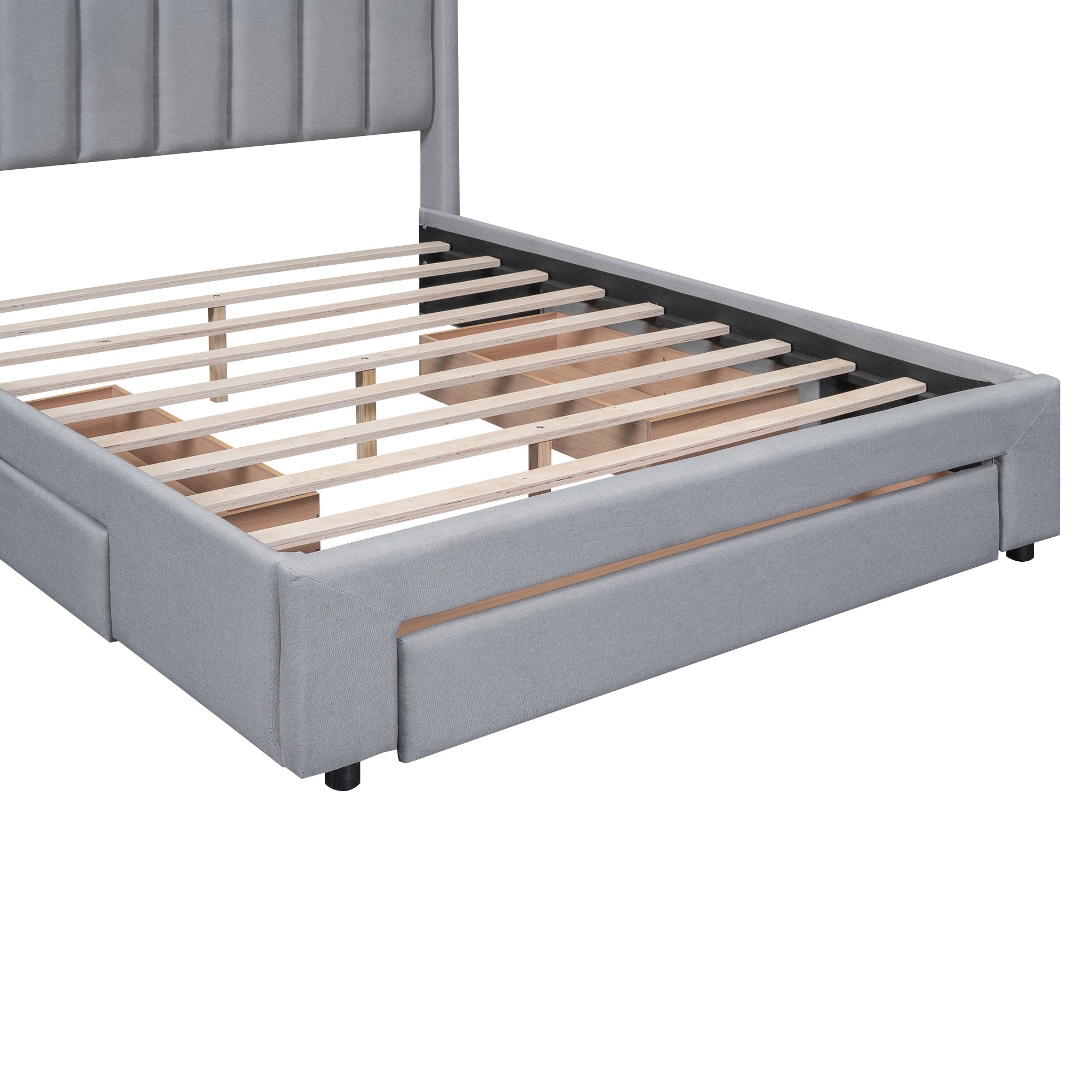 Queen Size Upholstered Platform Bed with One Large Drawer in the Footboard and Drawer on Each Side,Gray - Atlantic Fine Furniture Melbourne FL