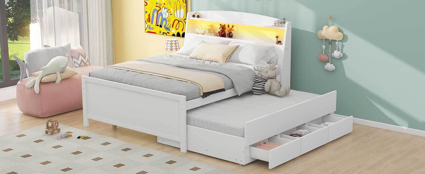Full Size Platform Bed with Storage LED Headboard, Twin Size Trundle and 3 Drawers, White - Atlantic Fine Furniture Melbourne FL
