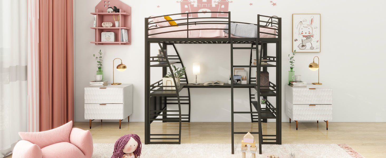 Full Size Loft Bed with 4 Layers of Shelves and L-shaped Desk, Stylish Metal Frame Bed with a set of Sockets, USB Ports and Wireless Charging, Black - Atlantic Fine Furniture Melbourne FL