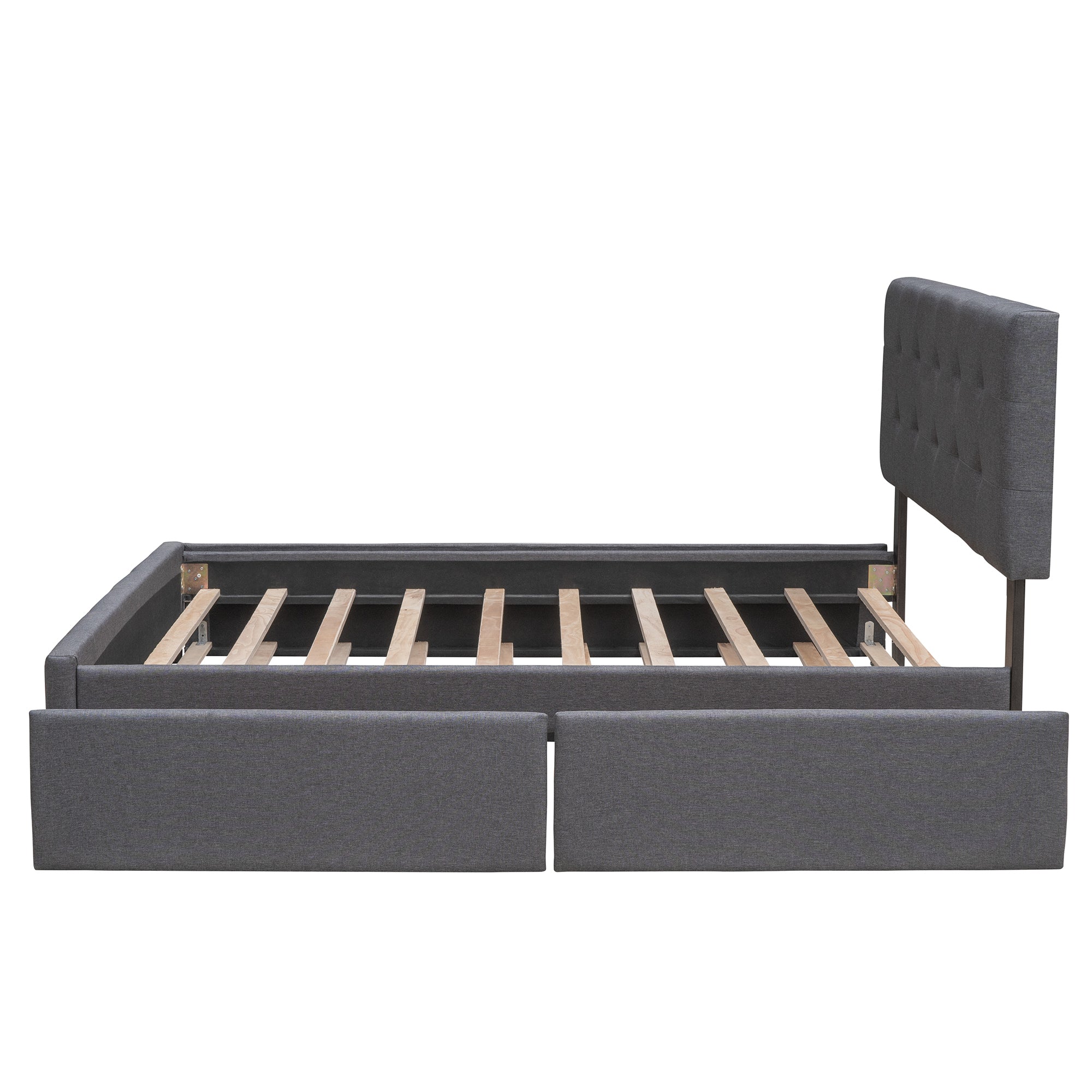 Upholstered Platform Bed with 2 Drawers and 1 Twin XL Trundle, Linen Fabric, Queen Size - Dark Gray(OLD SKU :LP000314AAE)