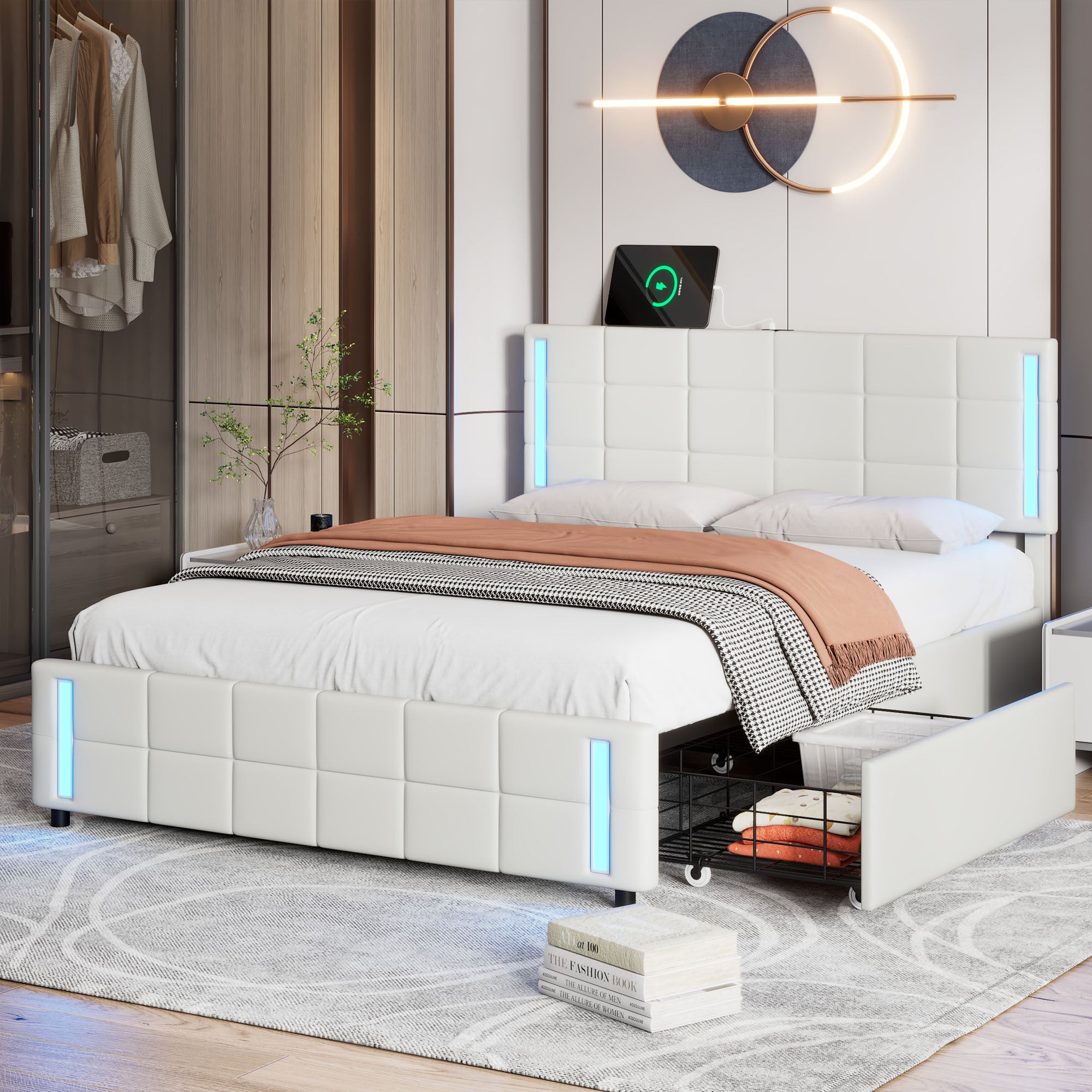 Queen Size Upholstered Platform Bed with LED Lights and USB Charging, Storage Bed with 4 Drawers, White - Atlantic Fine Furniture Melbourne FL