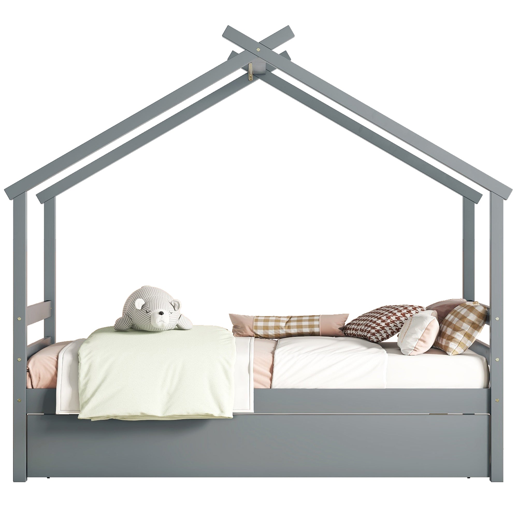 Twin Size House-shaped Bed with Trundle,Grey