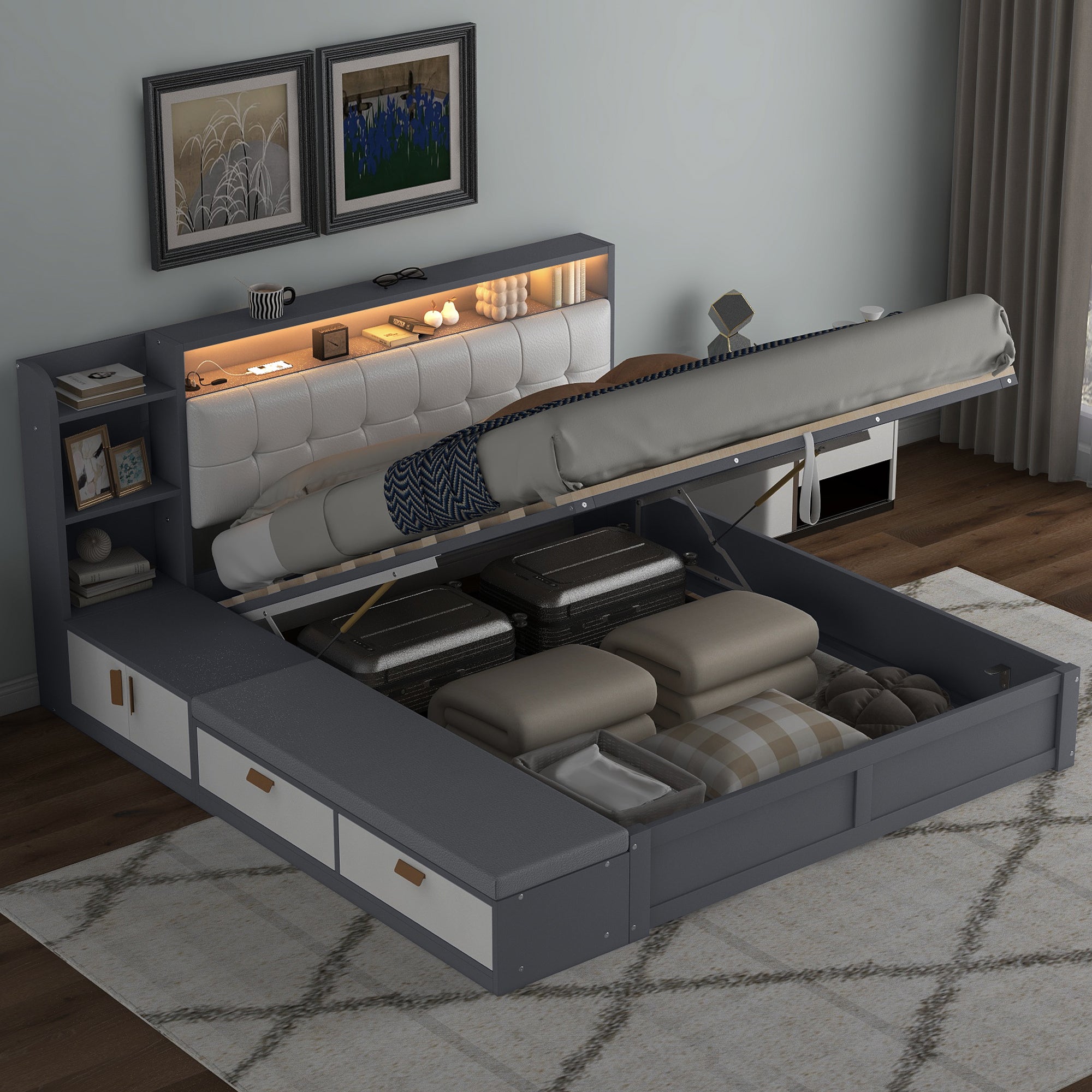 Queen Size Platform Bed Frame with Upholstery Headboard and Storage Shelves and,USB Charging,Gray - Atlantic Fine Furniture Melbourne FL