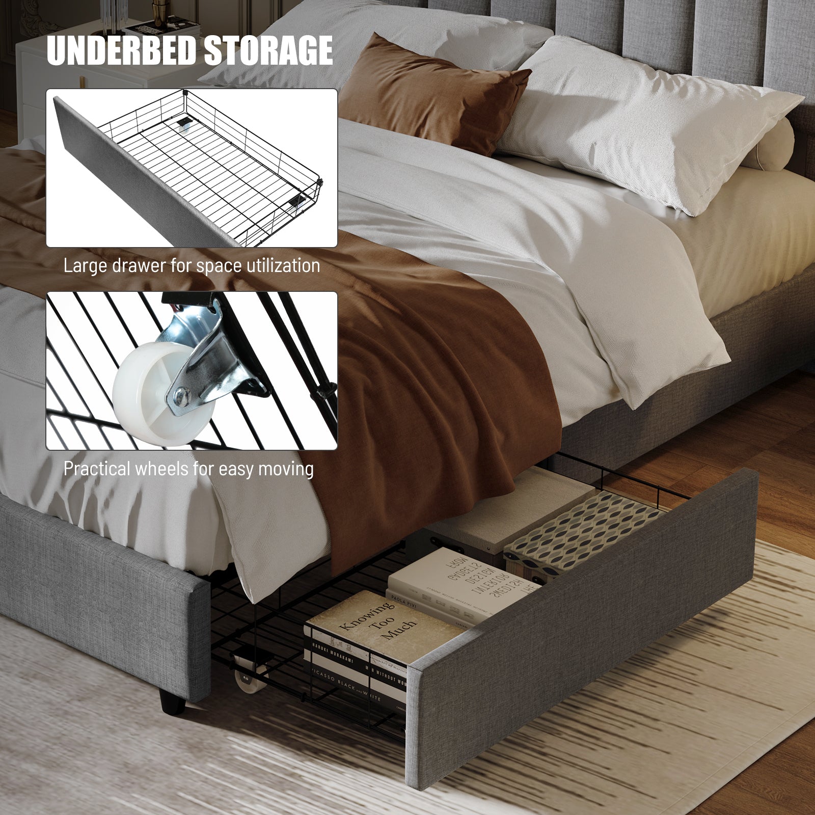 Queen Size Upholstered Platform Bed Linen Bed Frame with 2 Drawers Stitched Padded Headboard with Rivets Design Strong Bed Slats System No Box Spring Needed Grey - Atlantic Fine Furniture Melbourne FL