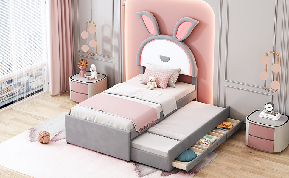 Twin Size Upholstered Platform Bed with Trundle and 3 Drawers, Rabbit-Shaped Headboard with Embedded LED Lights, Gray - Atlantic Fine Furniture Melbourne FL