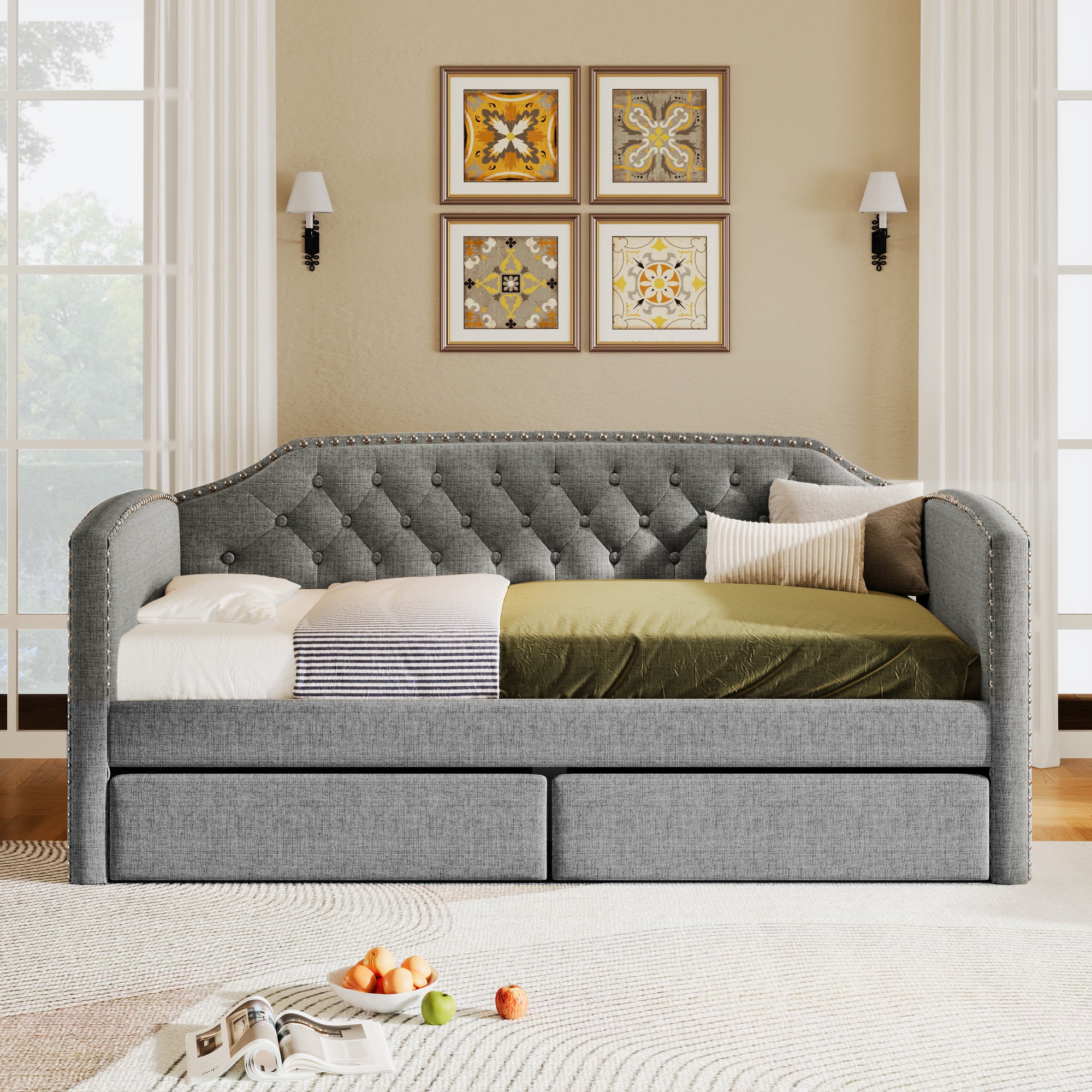 Twin Size Upholstered Daybed with Drawers for Guest Room, Small Bedroom, Study Room,Gray - Atlantic Fine Furniture Melbourne FL