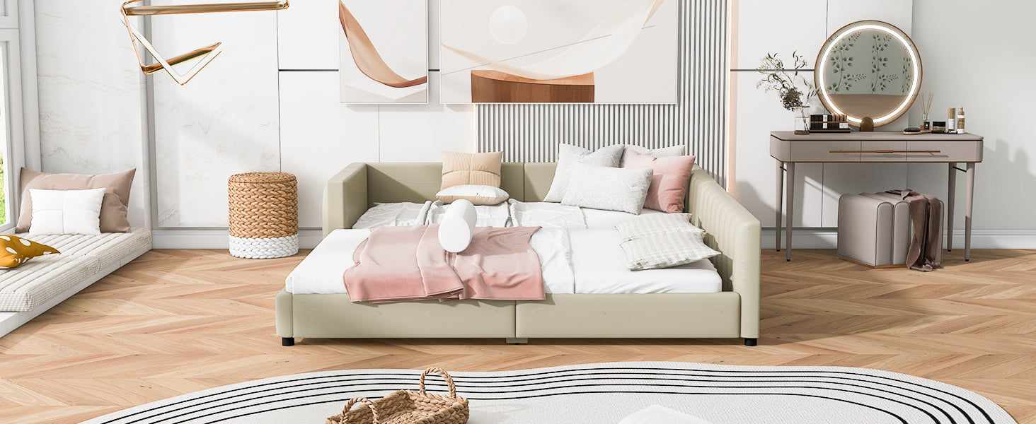 Queen Size & Twin XL Size Upholstered Platform Bed, Mother & Child Bed, PU Leather, Beige - Atlantic Fine Furniture Melbourne FL