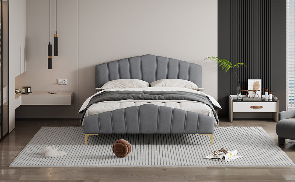 Queen Size Velvet Platform Bed with Thick Fabric, Stylish Stripe Decorated Bedboard and Elegant Metal Bed Leg, Gray - Atlantic Fine Furniture Melbourne FL