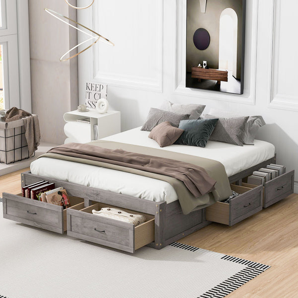 Queen Size Platform Bed With 6 Storage Drawers, Antique Gray