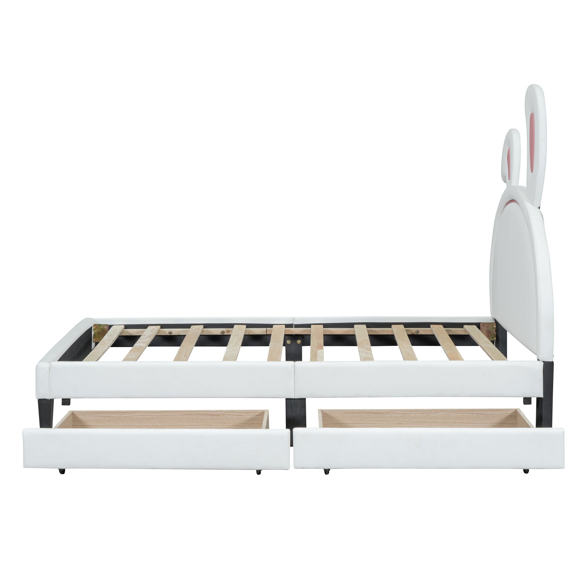 Twin Size Upholstered Leather Platform Bed with Rabbit Ornament and 2 Drawers, White - Atlantic Fine Furniture Melbourne FL