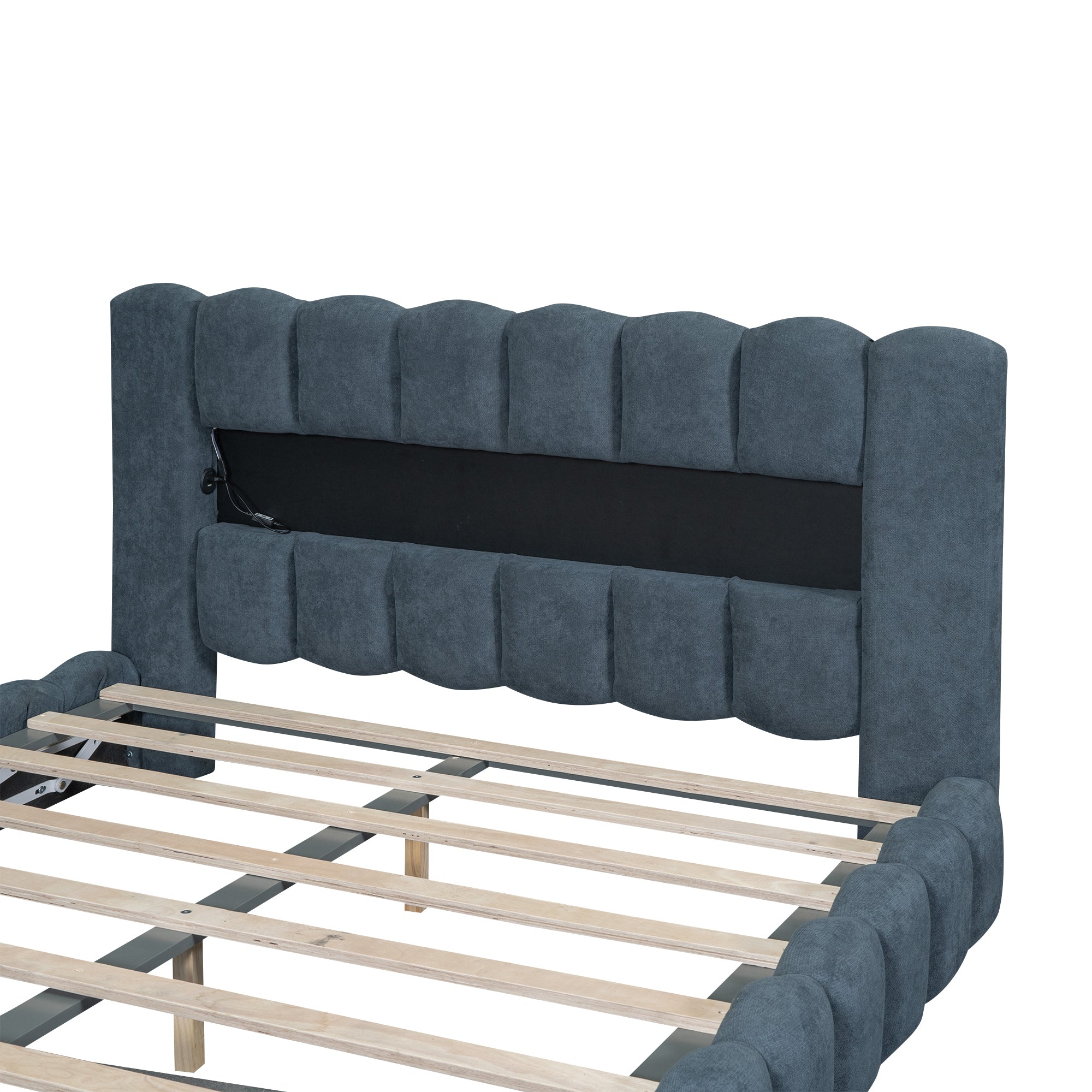 Queen Size Upholstered Platform Bed with LED Headboard and USB, Deep Blue - Atlantic Fine Furniture Melbourne FL