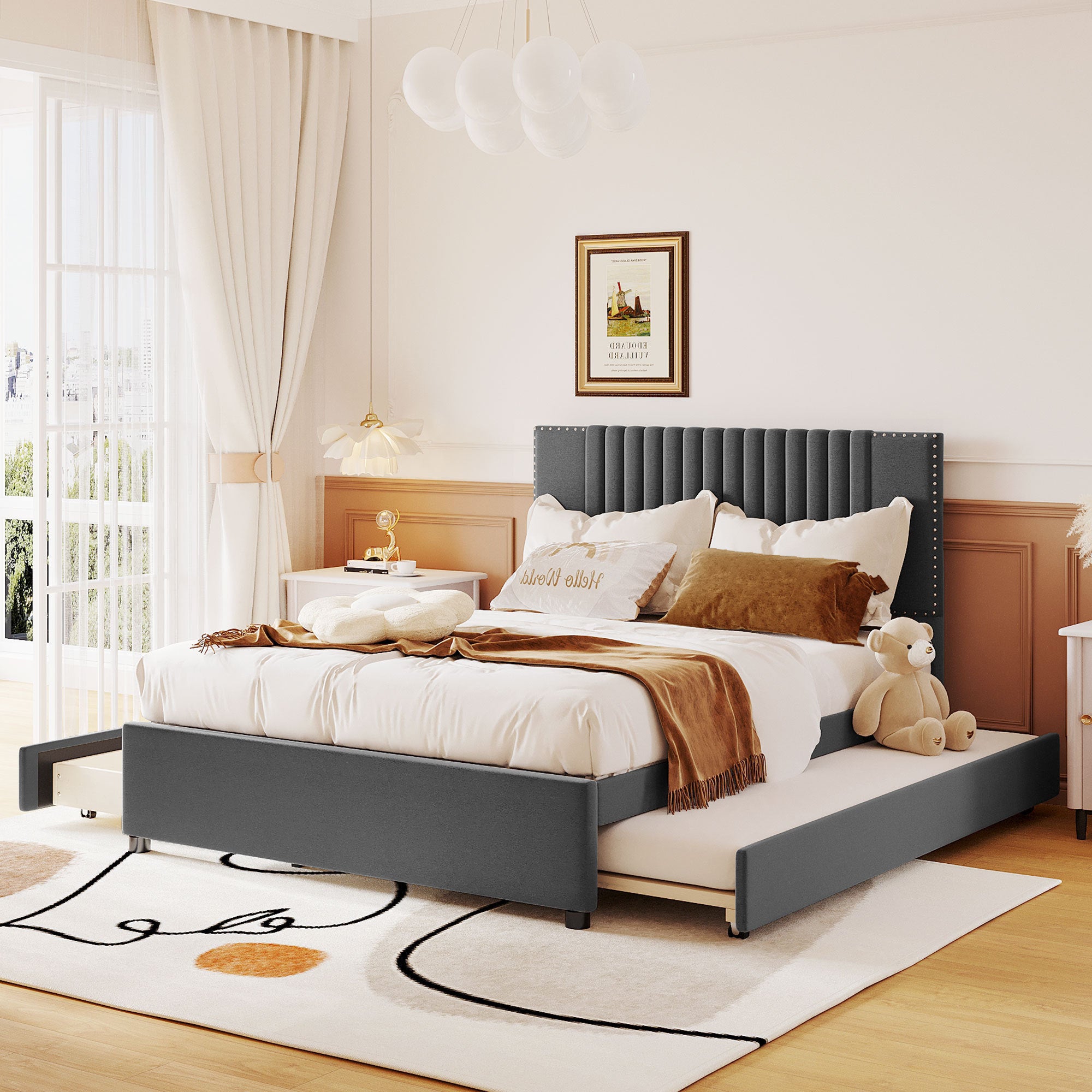 Full Size Upholstered Platform Bed with 2 Drawers and 1 Twin Size Trundle, Classic Headboard Design, Gray - Atlantic Fine Furniture Melbourne FL