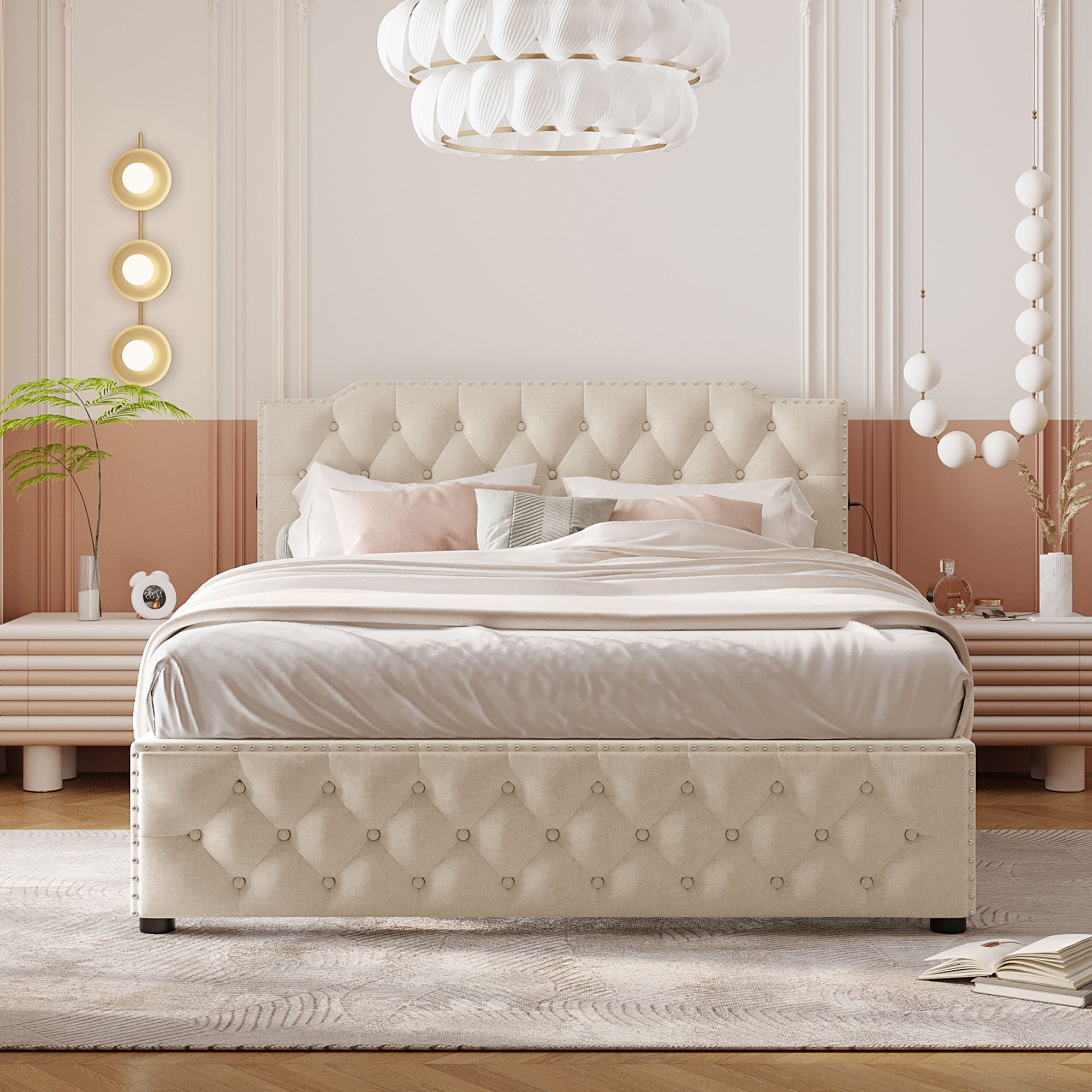 Queen Size Upholstered Platform Bed with 2 Drawers and 2 sets of USB Ports on each side, Linen Fabric, Beige - Atlantic Fine Furniture Melbourne FL