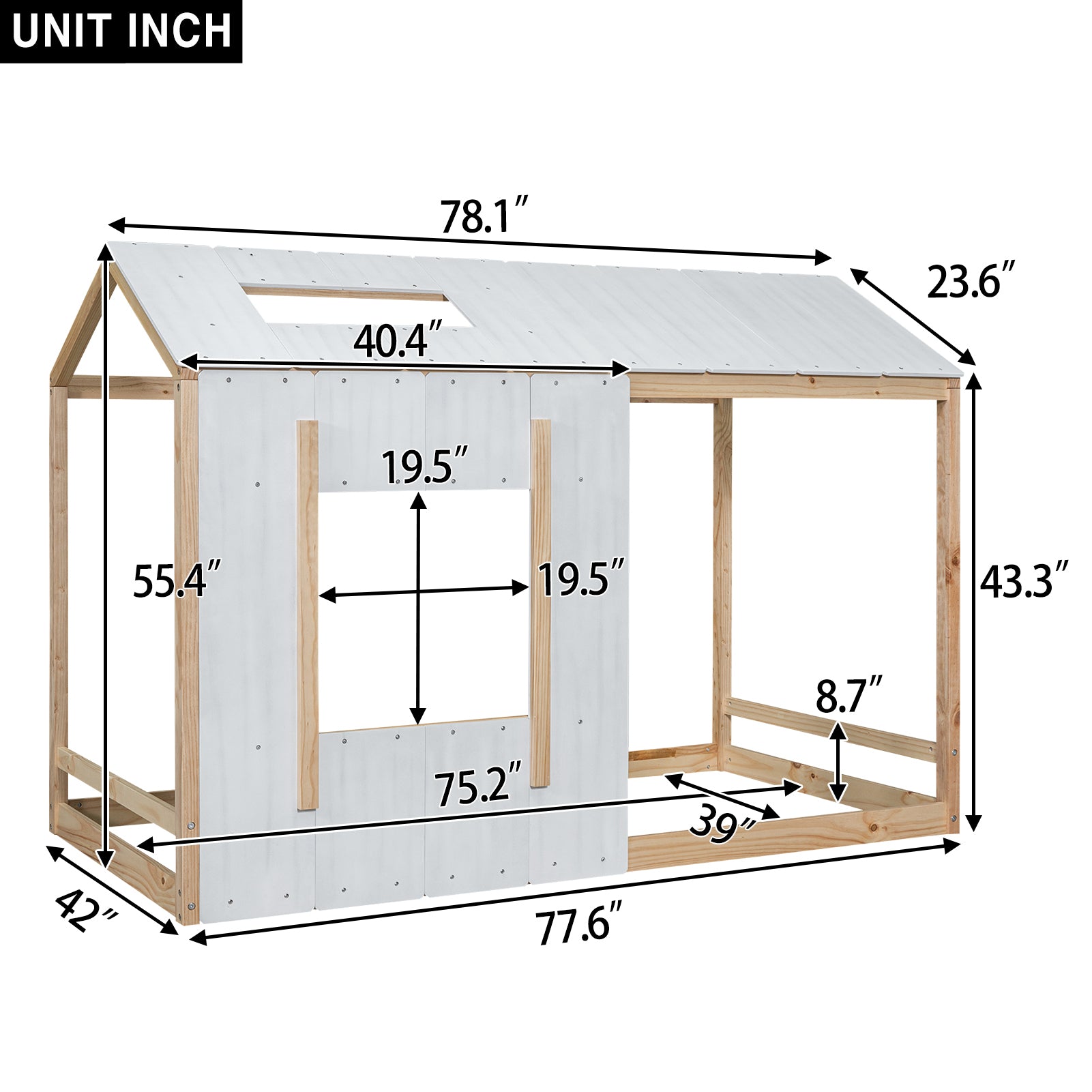 Twin Size House Platform with Roof and Window , White+Natural - Atlantic Fine Furniture Melbourne FL