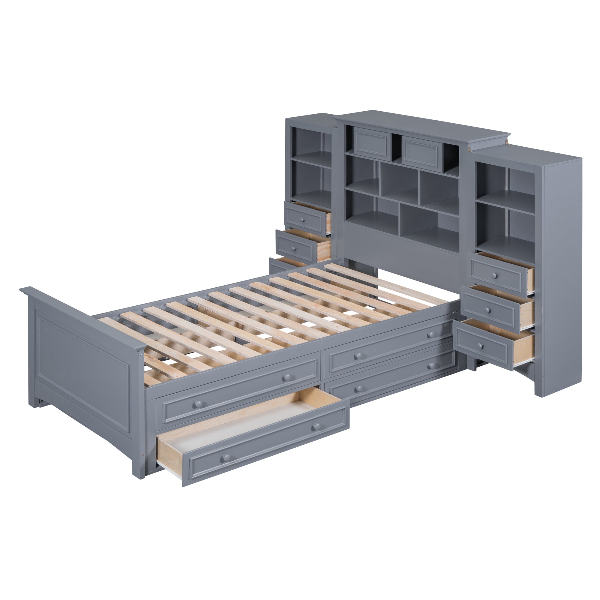 Twin Size Wood Platformbed with Vertical All-in-One Cabinet and 4 Drawers on each side, Gray - Atlantic Fine Furniture Melbourne FL