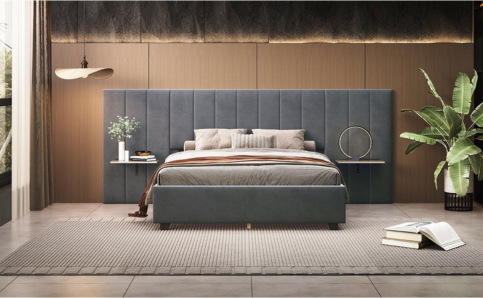 Queen Size Upholstered Platform Bed with Big Headboard, Bedroom Furniture, Velvet, Gray - Atlantic Fine Furniture Melbourne FL