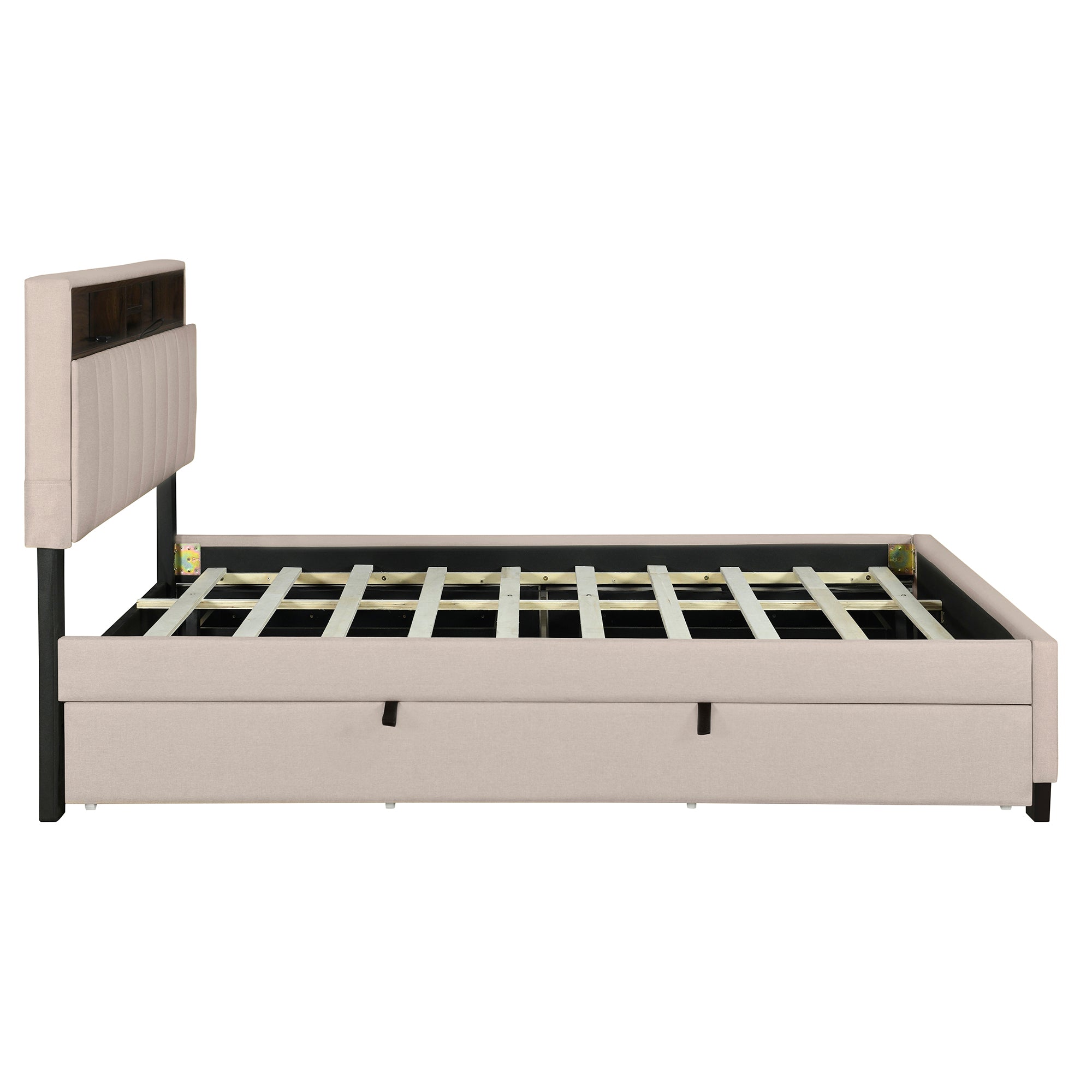Full size Upholstered Platform Bed with Storage Headboard, Twin Size Trundle & 2 drawers and a set of Sockets & USB Ports, Linen Fabric, Beige - Atlantic Fine Furniture Melbourne FL