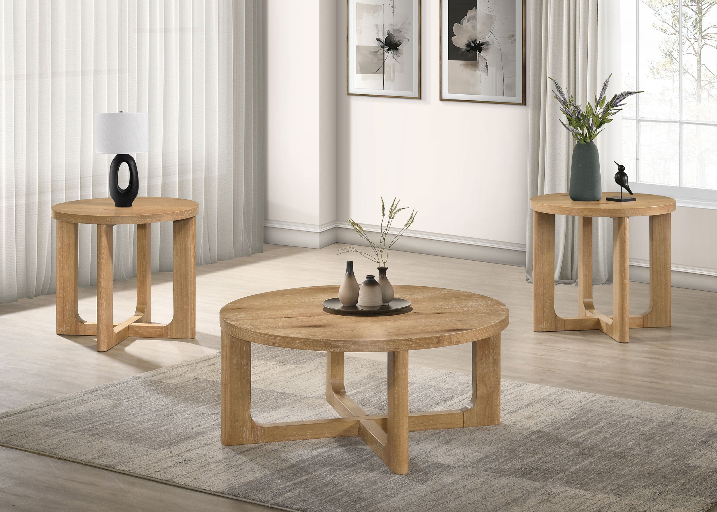 Kessler 3-piece Round Sculptural Wood Coffee Table Set Light Oak — view 1