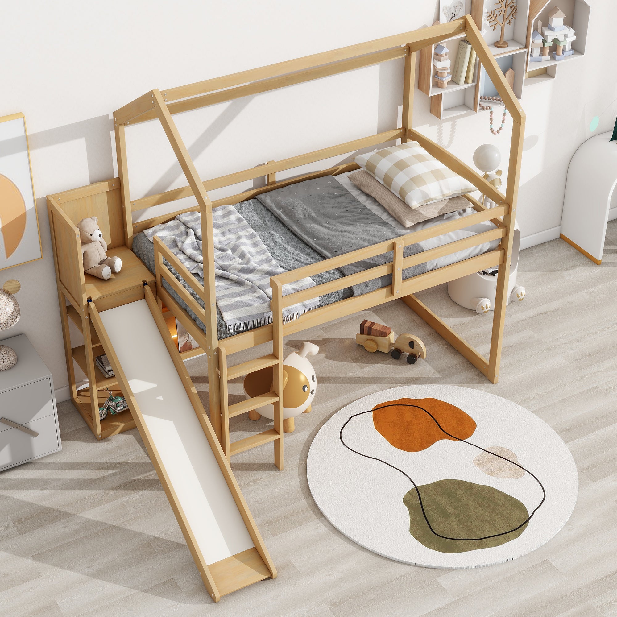 Twin Size Wood House Loft bed with Slide, Storage shelves and Light, Climbing Ramp, Wood Color - Atlantic Fine Furniture Melbourne FL