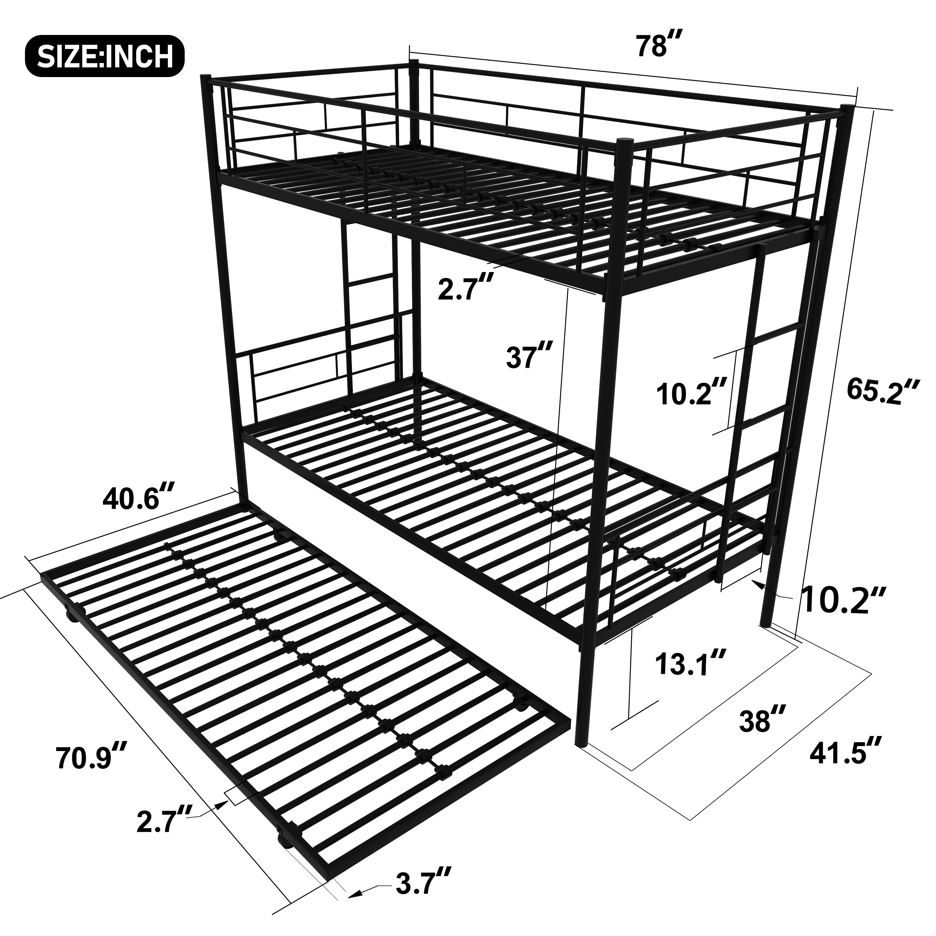 Twin Over Twin Metal Bunk Bed Frame with Trundle(Upgrade reinforcement version) - Atlantic Fine Furniture Melbourne FL