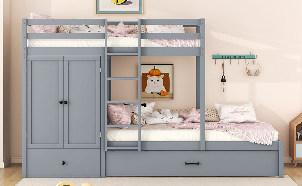 Twin-over-twin Bunk Bed with Wardrobe, Drawers and Shelves, Gray - Atlantic Fine Furniture Melbourne FL