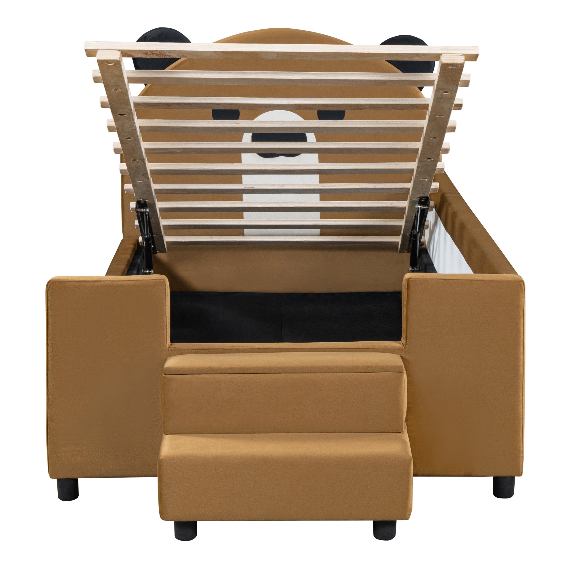 Twin Size Upholstered Daybed with Bear Shaped Headboard, Hydraulic System and Breathable Mesh Fence, Brown - Atlantic Fine Furniture Melbourne FL