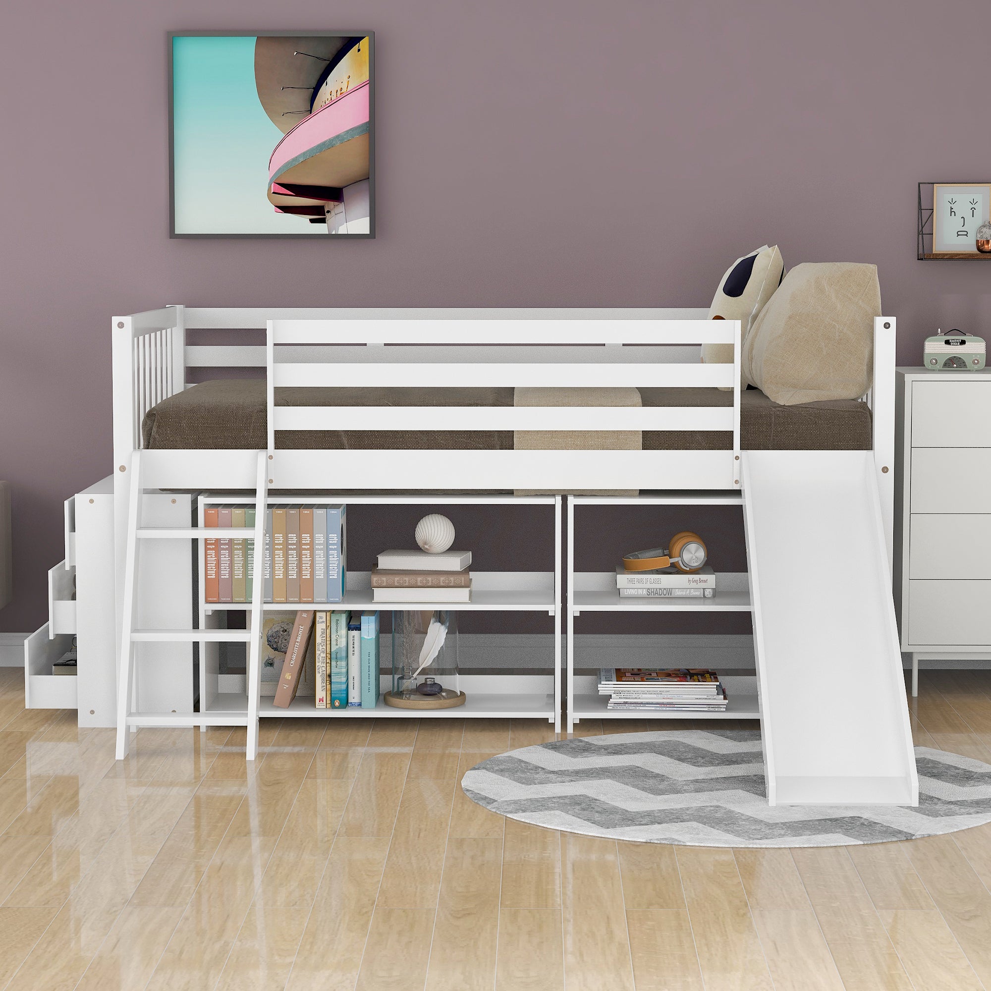 Low Loft Bed with Attached Bookcases and Separate 3-tier Drawers,Convertible Ladder and Slide,Twin,White - Atlantic Fine Furniture Melbourne FL