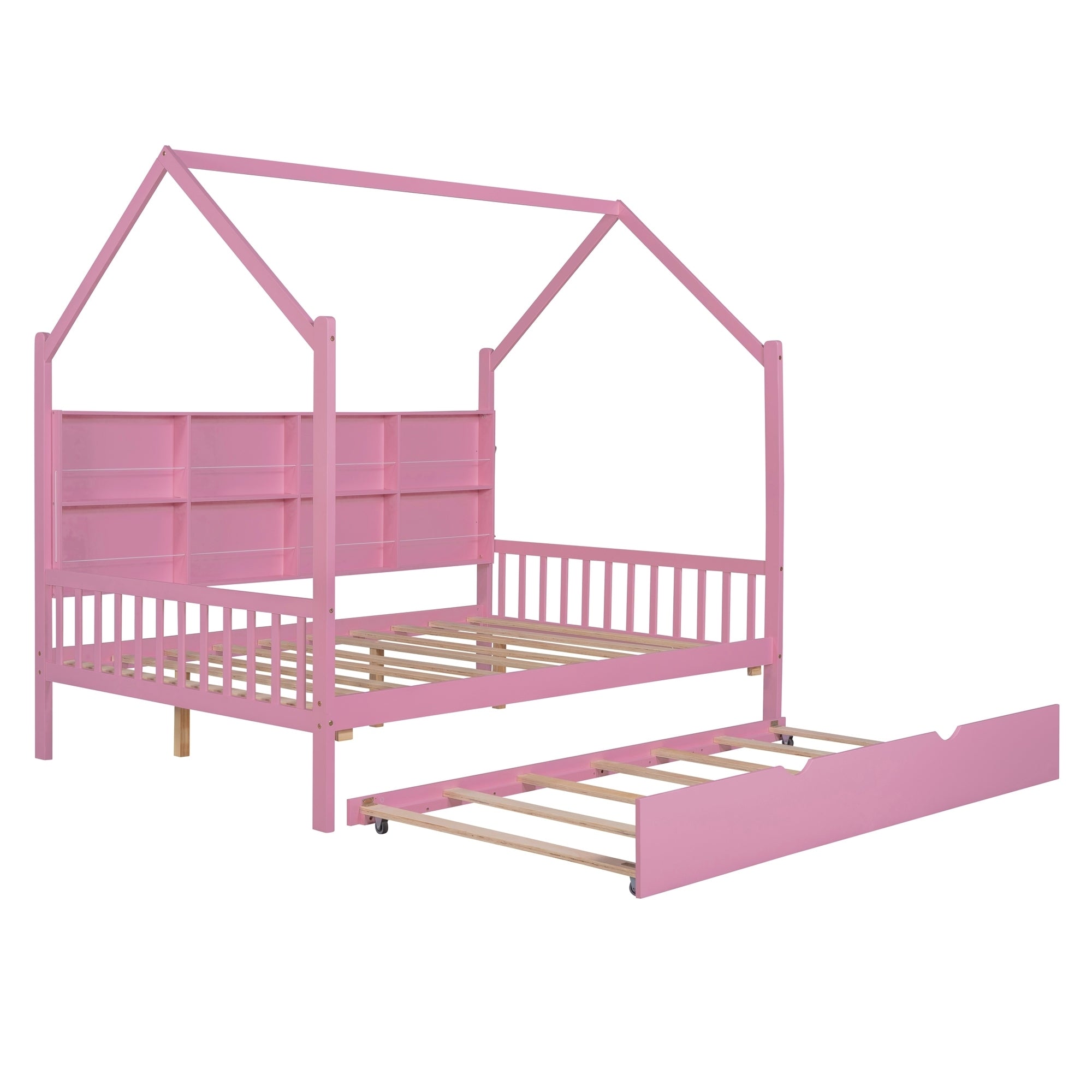 Wooden Full Size House Bed with Trundle,Kids Bed with Shelf,Pink - Atlantic Fine Furniture Melbourne FL