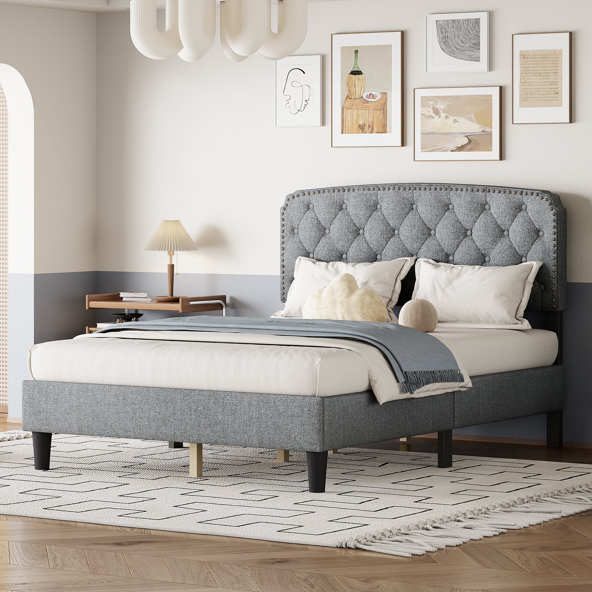 Full size Adjustable Headboard with Fine Linen Upholstery and Button Tufting for Bedroom, Wave Top Light Gray