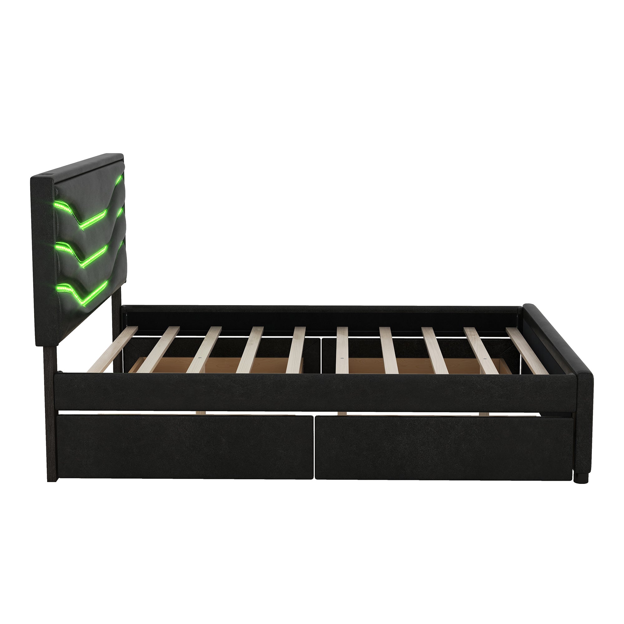 Queen Size Upholstered Storage Platform Bed with LED, 4 Drawers and USB Charging, Black - Atlantic Fine Furniture Melbourne FL