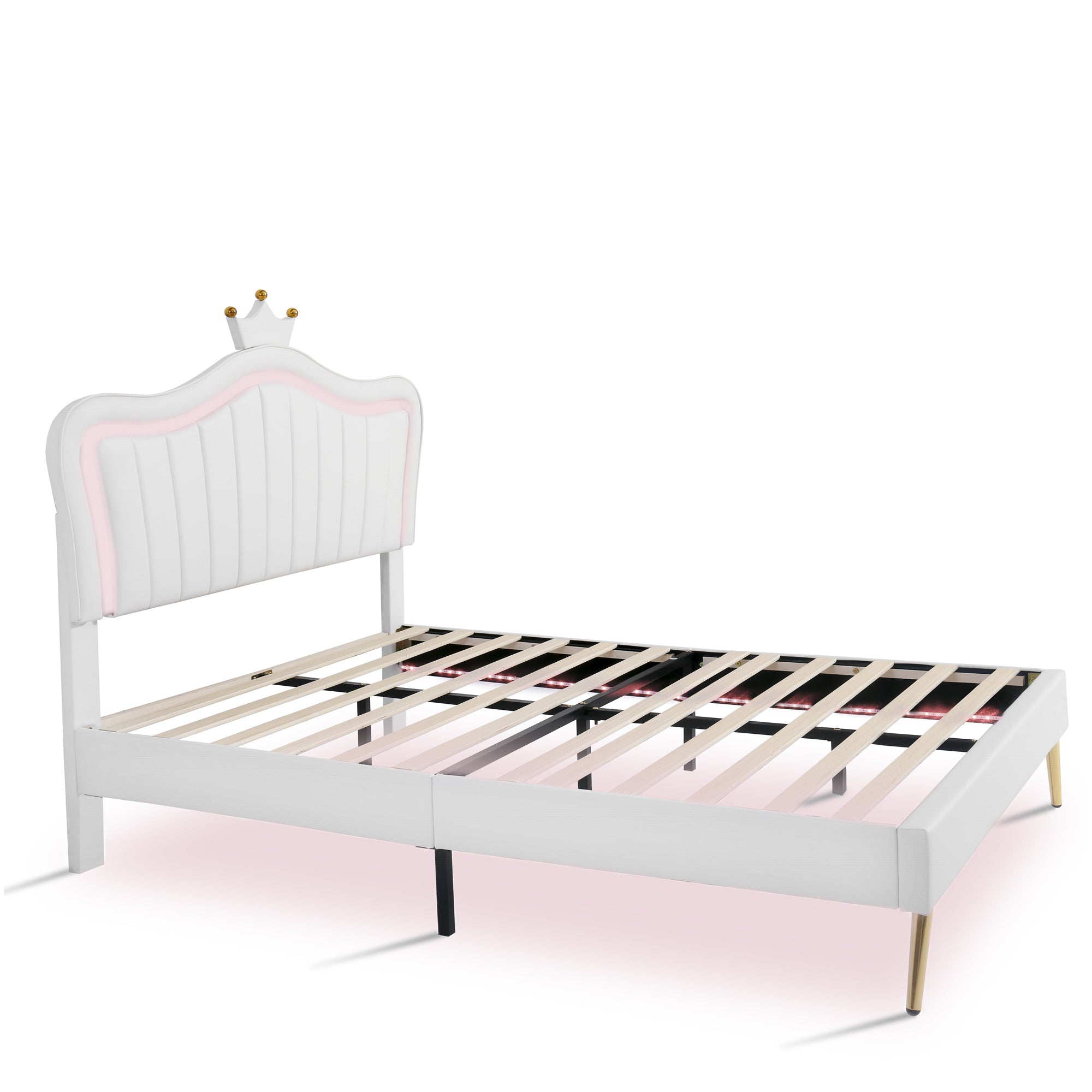 Full Size Upholstered Bed Frame with LED Lights,Modern Upholstered Princess Bed With Crown Headboard,White - Atlantic Fine Furniture Melbourne FL
