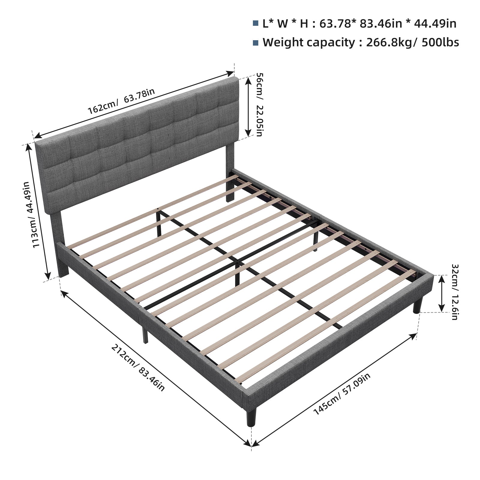 Queen Size Upholstered Platform Bed Linen Bed Frame with Lights Square Stitched Adjustable Headboard Strong Bed Slats System No Box Spring Needed Grey - Atlantic Fine Furniture Melbourne FL