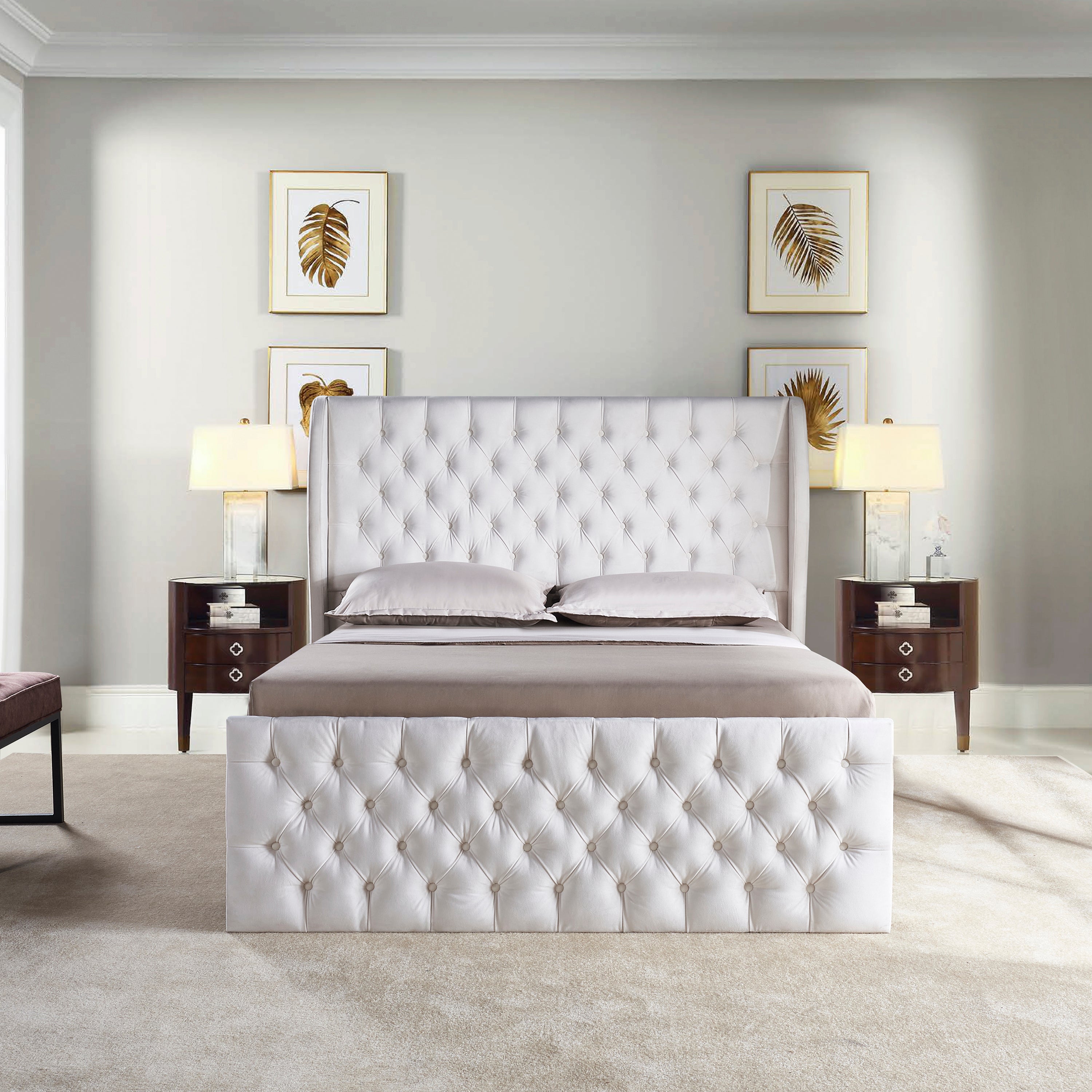 King Size Platform Bed Frame, Velvet Upholstered Sleigh Bed with Scroll Wingback Headboard & Footboard/Button Tufted/No Box Spring Required/Easy Assembly-White - Atlantic Fine Furniture Melbourne FL