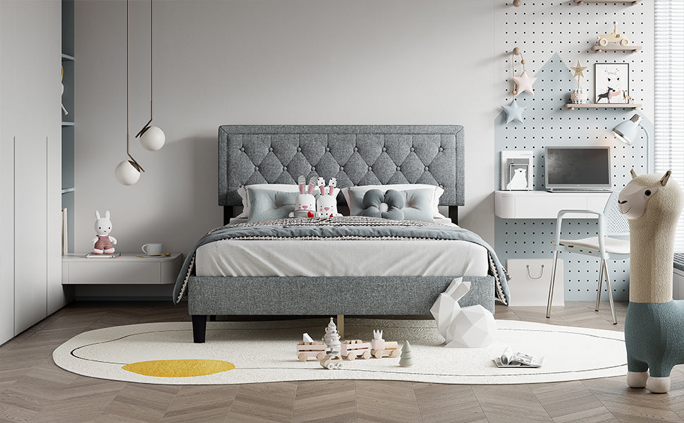 Queen size Panel Bed Frame with Adjustable Button-Tufted Headboard for Bedroom/Linen Upholstered/Wood Slat Support/Easy Assembly,Light Grey