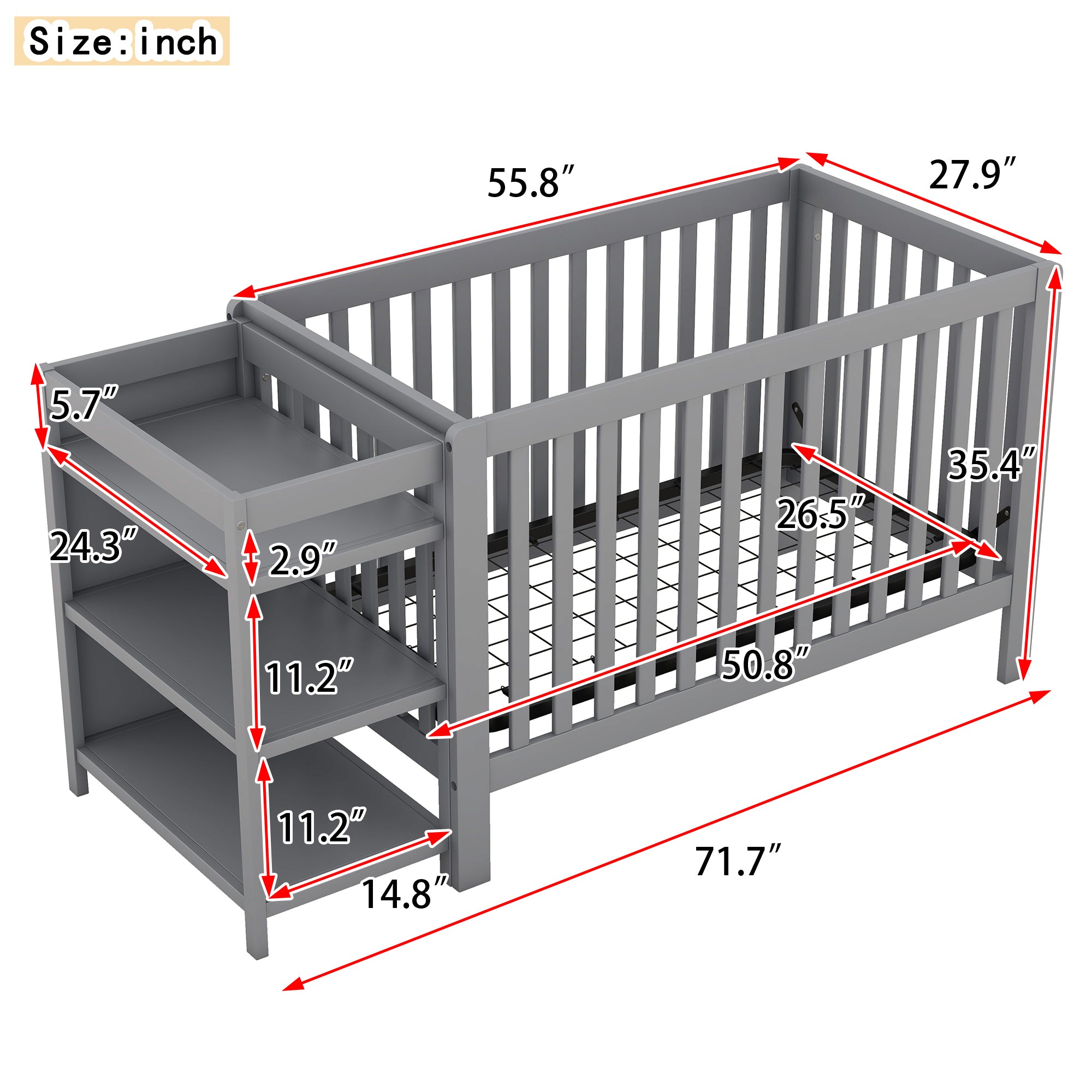 Convertible Crib/Full Size Bed with Changing Table, Gray - Atlantic Fine Furniture Melbourne FL