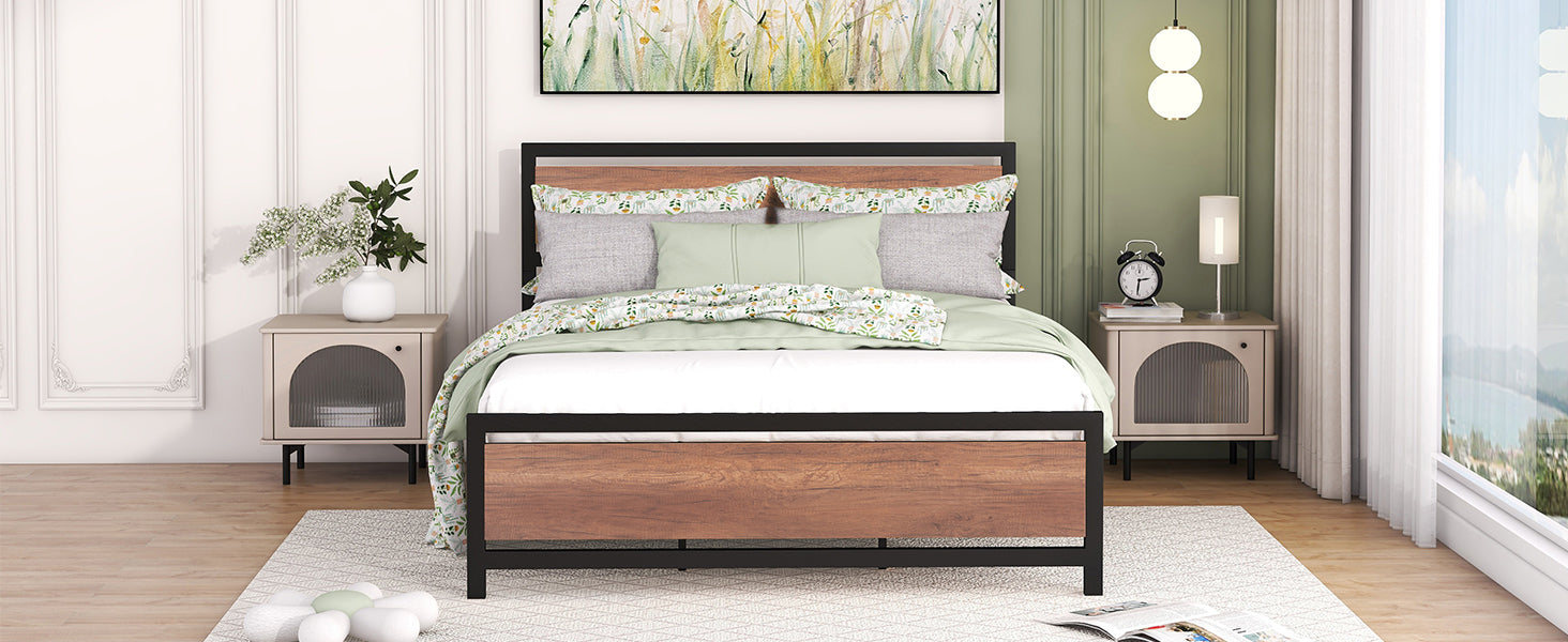 Queen Size Platform Bed, Metal and Wood Bed Frame with Headboard and Footboard , Black - Atlantic Fine Furniture Melbourne FL