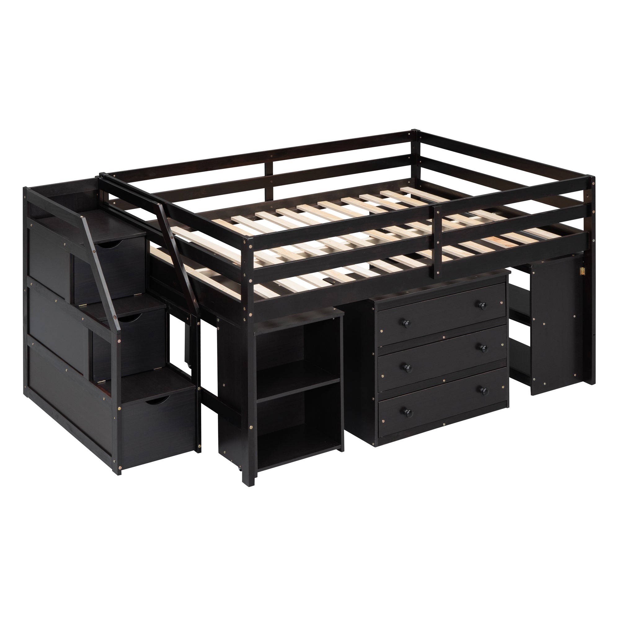 Full Size Loft Bed with Retractable Writing Desk and 3 Drawers, Wooden Loft Bed with Storage Stairs and Shelves, Espresso - Atlantic Fine Furniture Melbourne FL